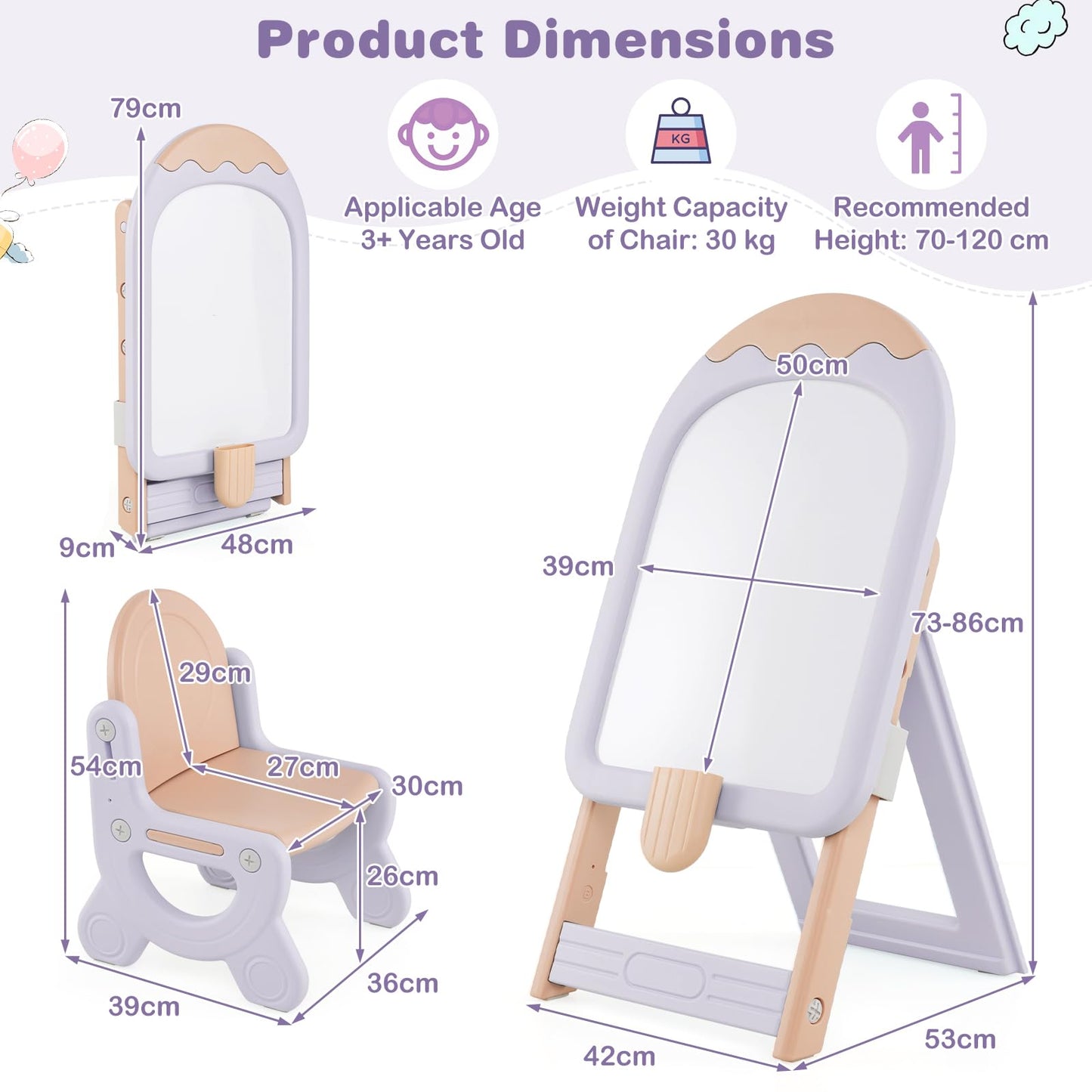 Height-adjustable and Foldable Standing Kids Art Easel with Chair
