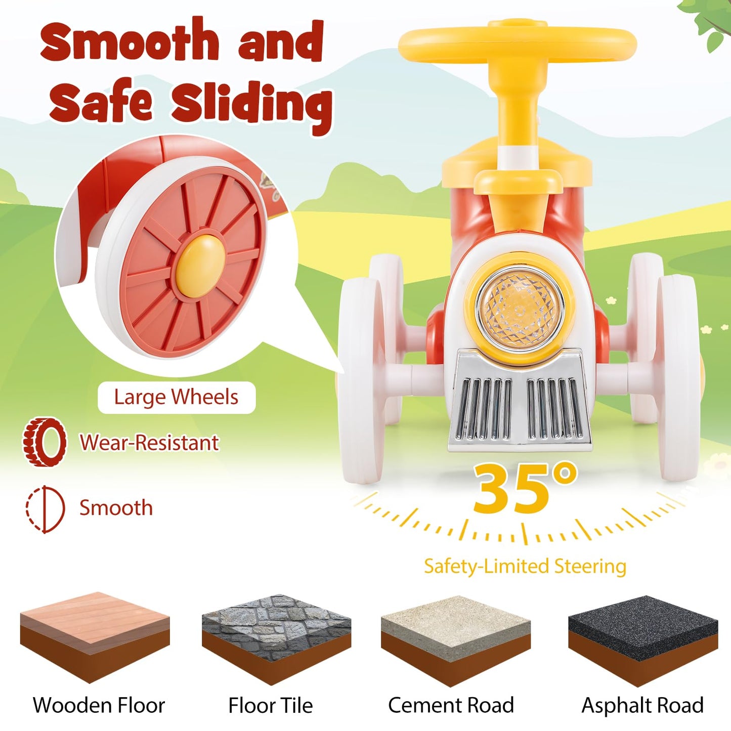 Toddler Foot to Floor Sliding Walker with Train Whistle Sound, Steering Wheel