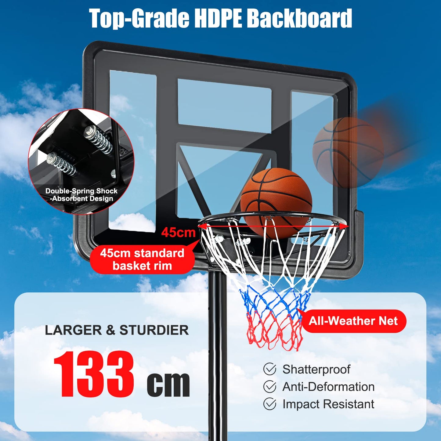 Portable Basketball Hoop with 1.35-3.05m Adjustable Height