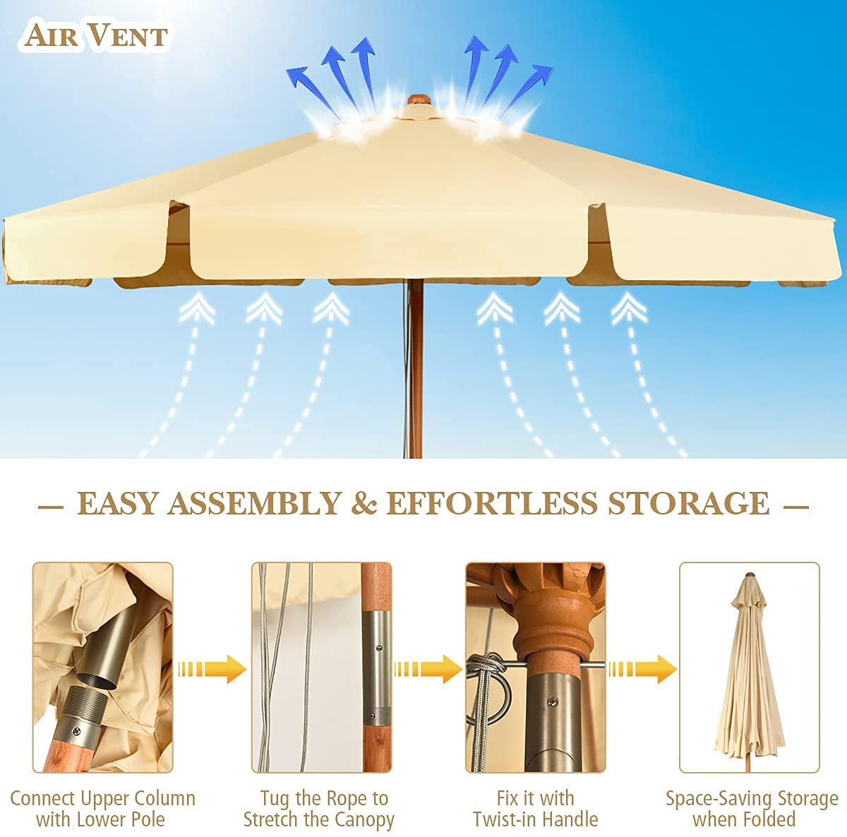 3M Garden Parasol Umbrella with Tilt Function and Wood Poles