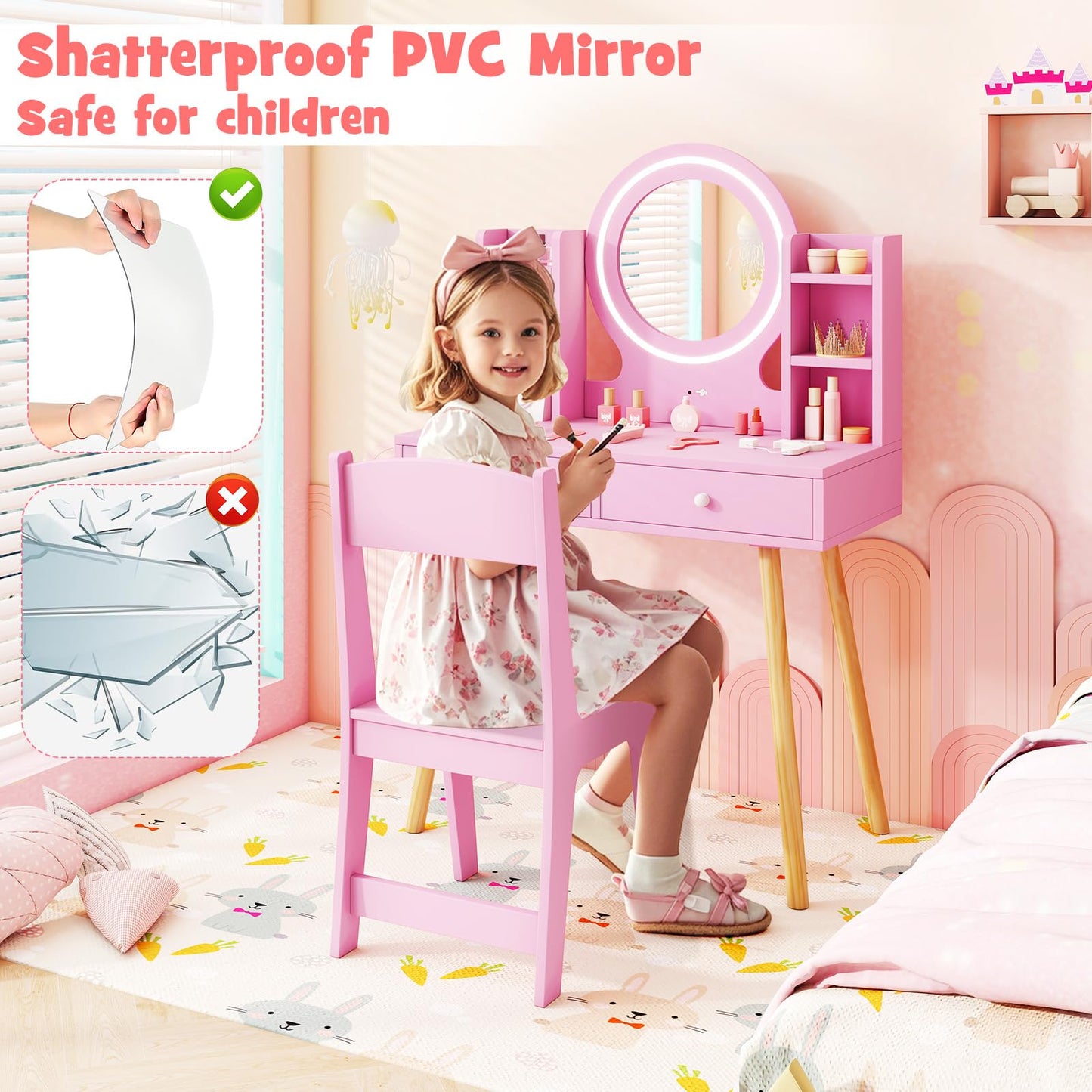 Kids Princess Vanity Desk Set with 2 Color LED Lighted Acrylic Mirror