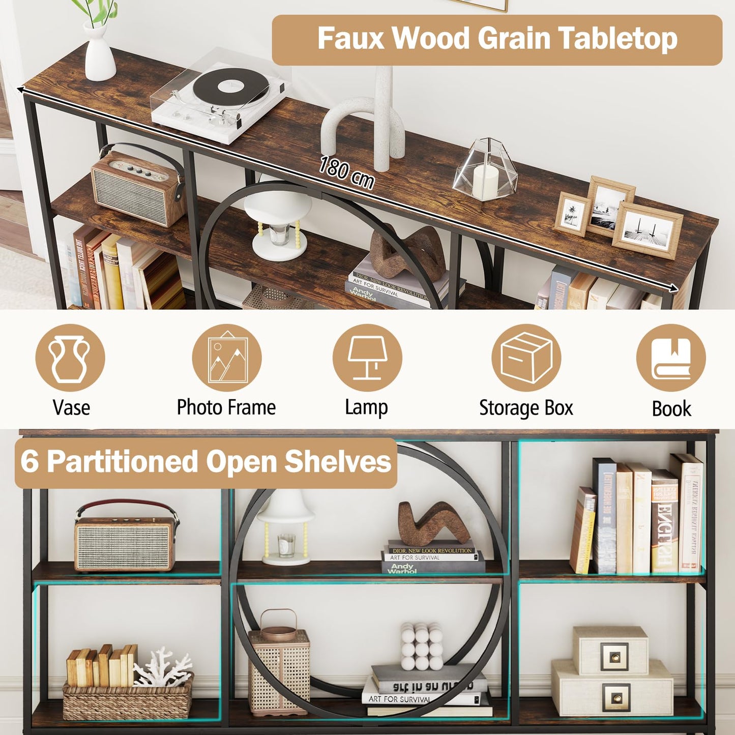 3 Tier Console Table with Faux Wood Grain Top