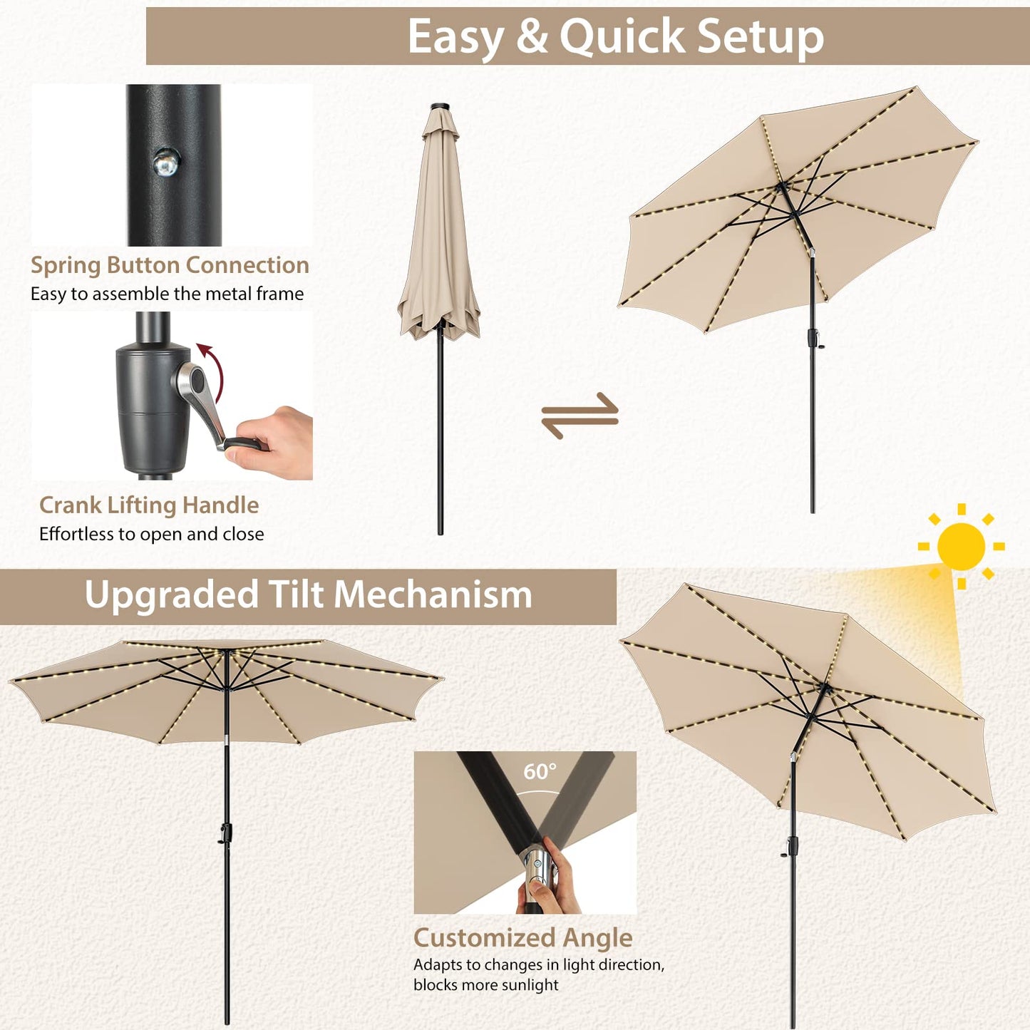112 Solar Powered LED Lights Patio Umbrella with Tilt