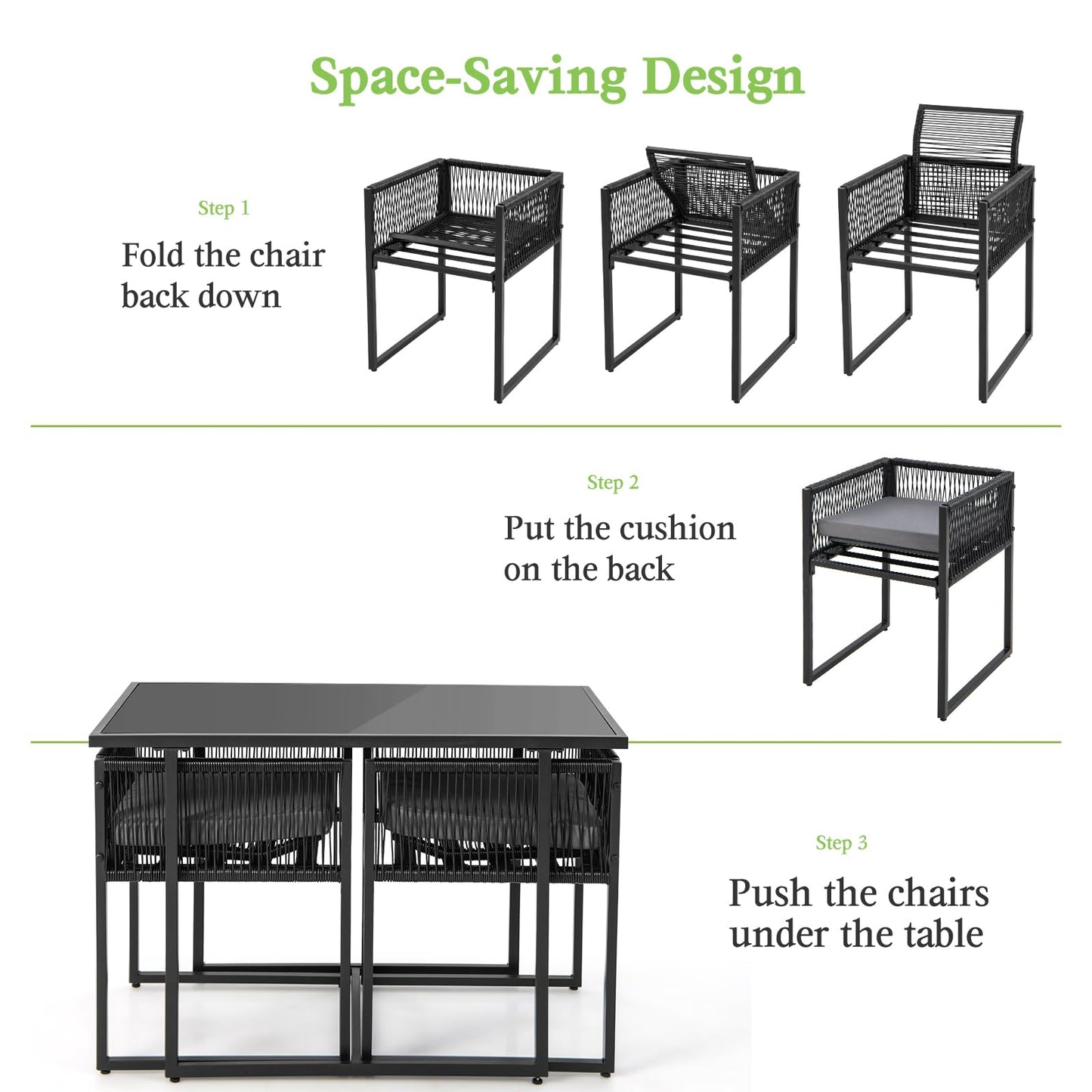 3 Pieces PE Rattan Outdoor Bistro Set with Cushions & Folding Backrests