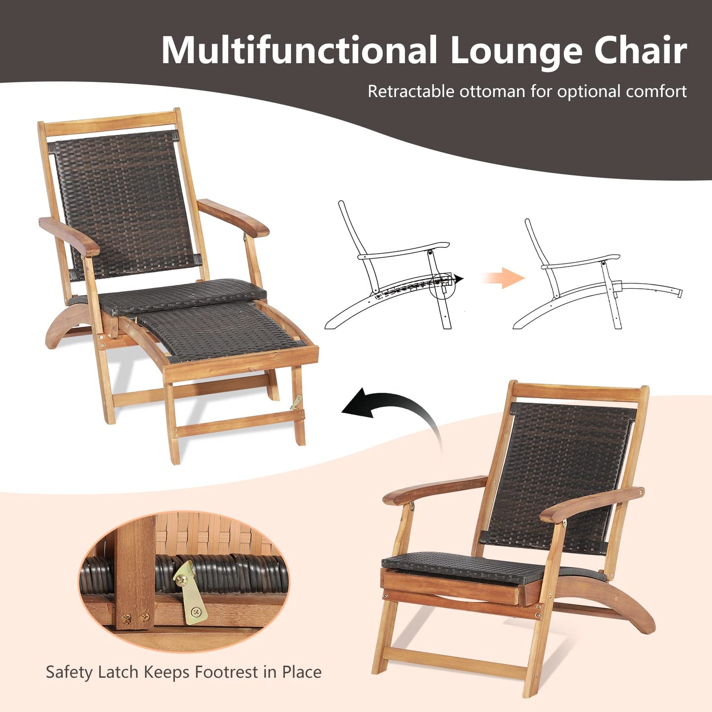 Folding Sun Lounger with Retractable Footrest & Wicker Side Table