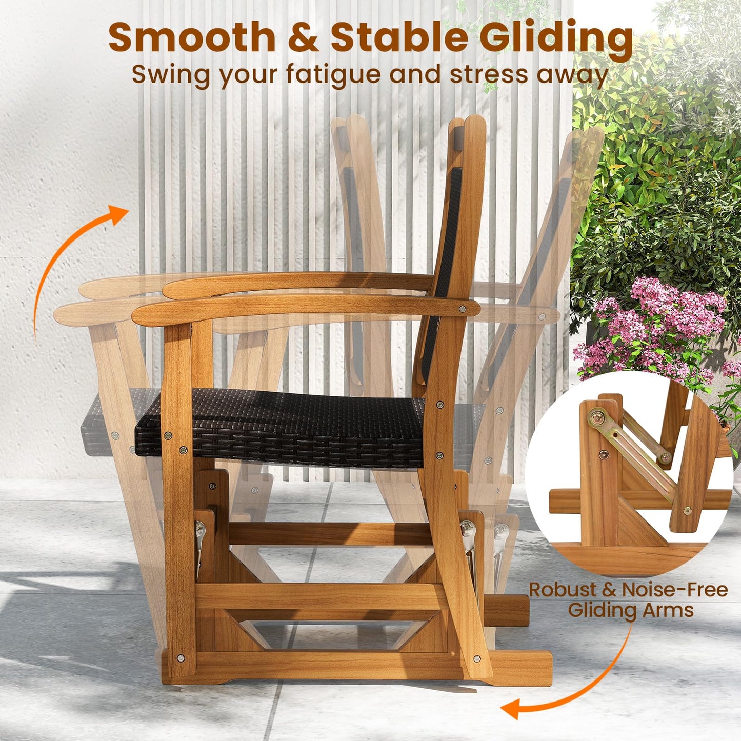 Patio Rattan Glider Chair Swing Gliding Rocker with Acacia Wood Frame