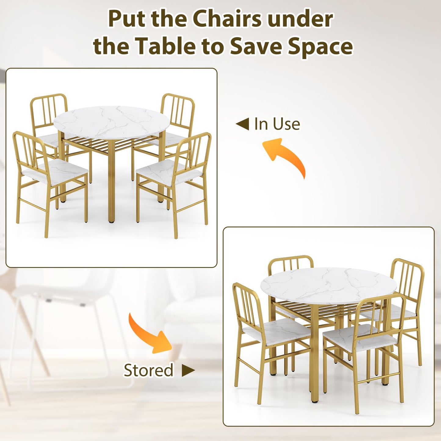 5 Piece Dining Table Set with Storage Rack and Metal Frame for Dining Room