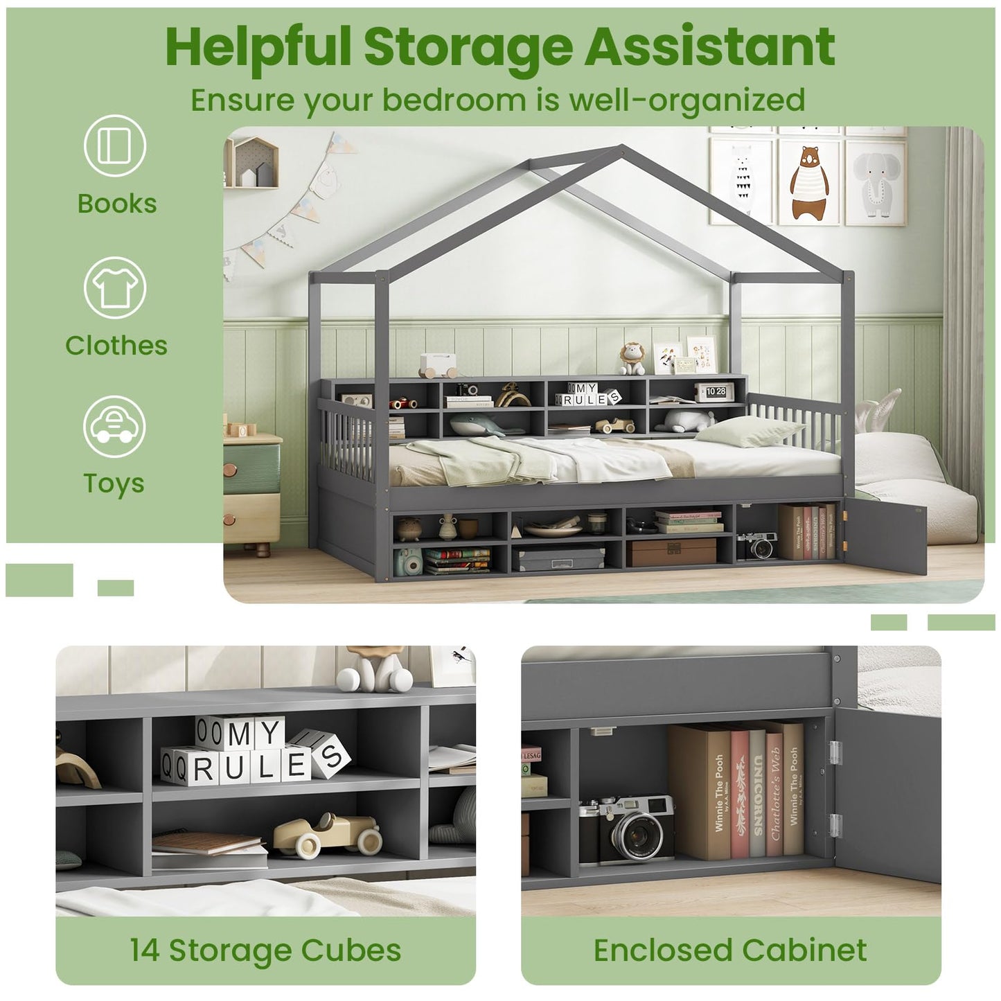 Wooden Single Size House Bed with Roof and 14 Storage Cubes