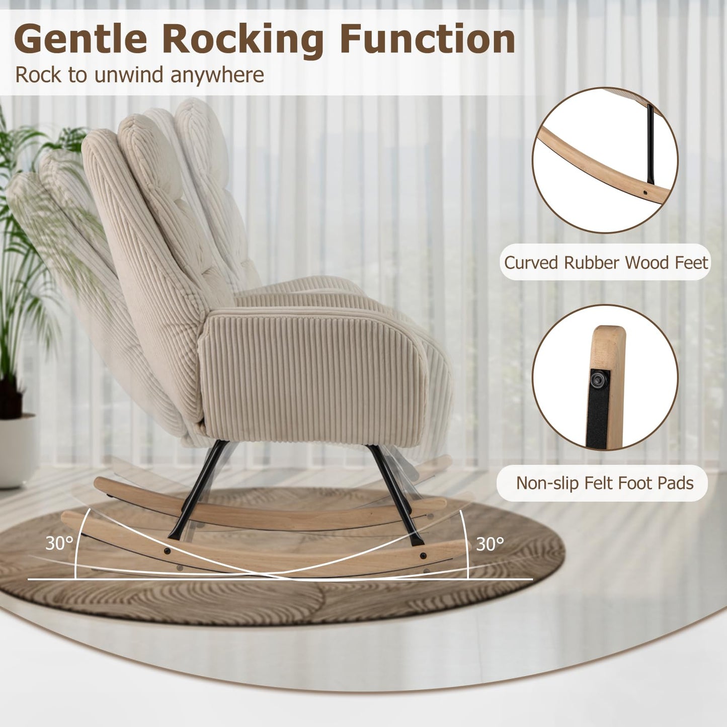 Upholstered Rocking Chair Nursery Glider Rocker with Padded Backrest