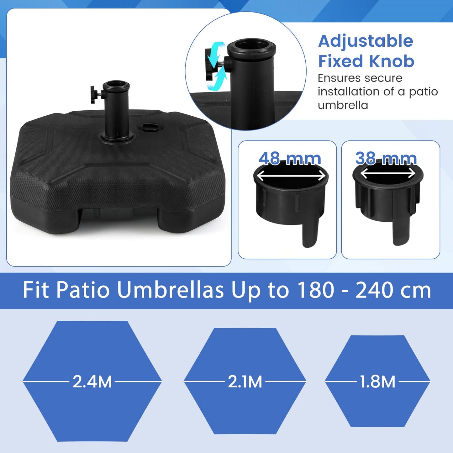 40kg Water+Sand Filled Patio Parasol Umbrella Stand Fit 38/48 mm Umbrella Poles