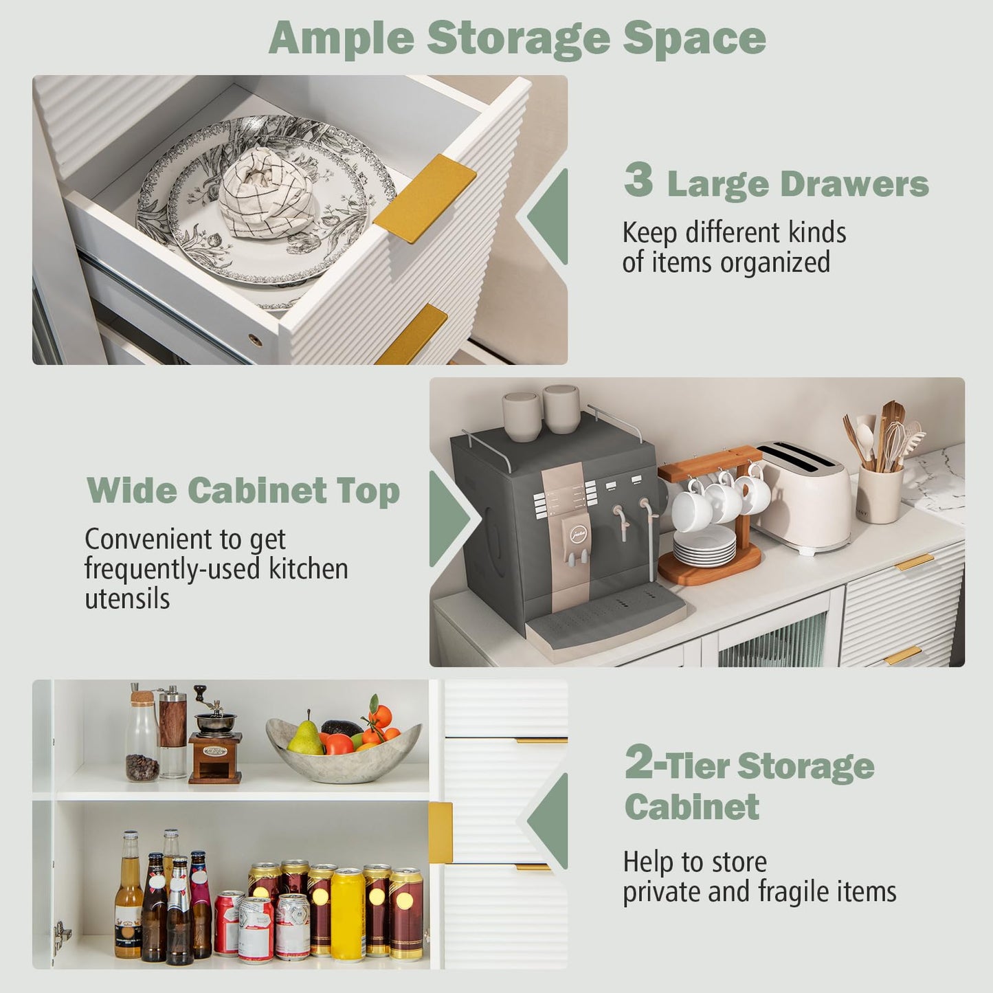 Modern Sideboard Storage Cabinet with 2 Glass Doors and 3 Drawers
