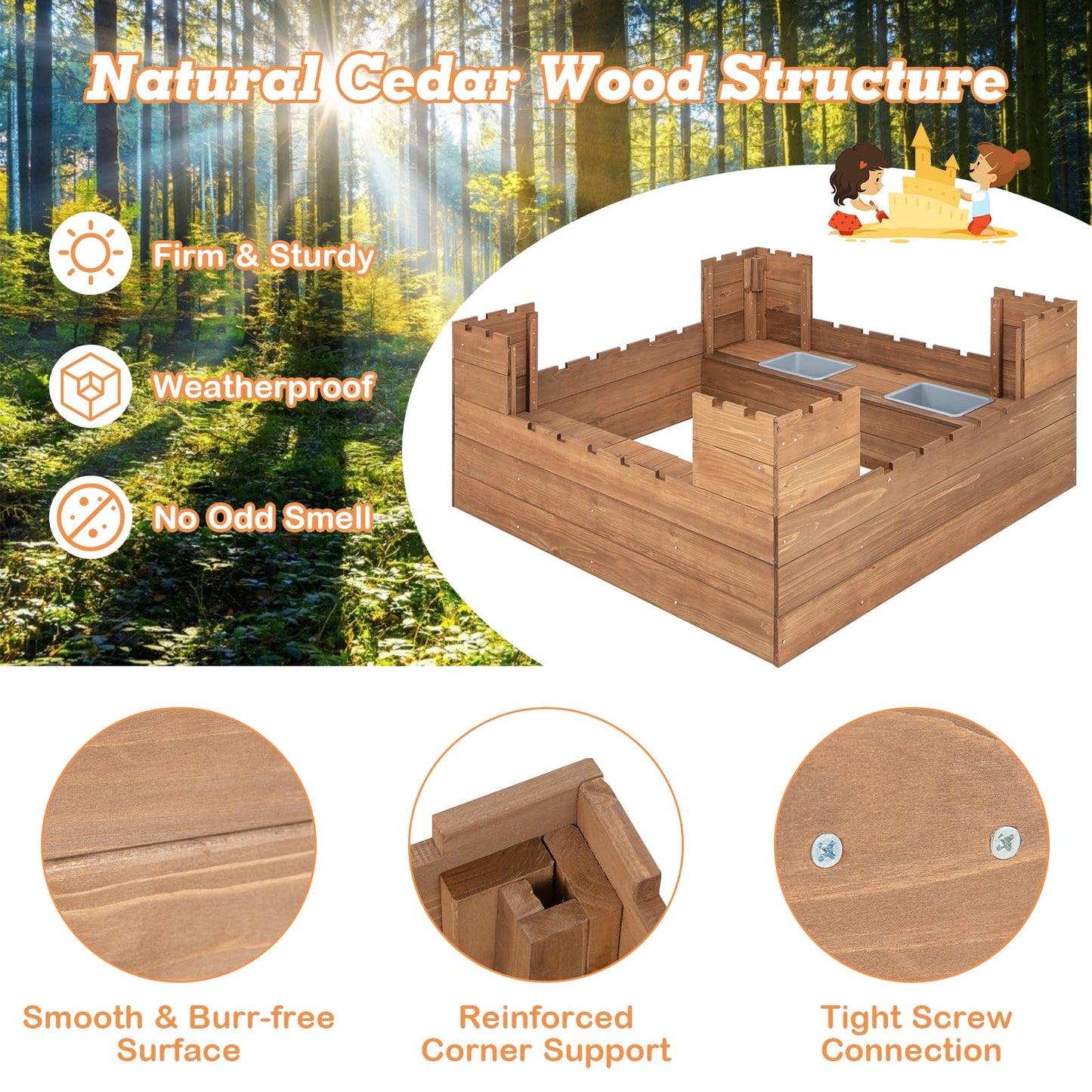 Solid Wood Kids Sandbox with 2 Bench Seats
