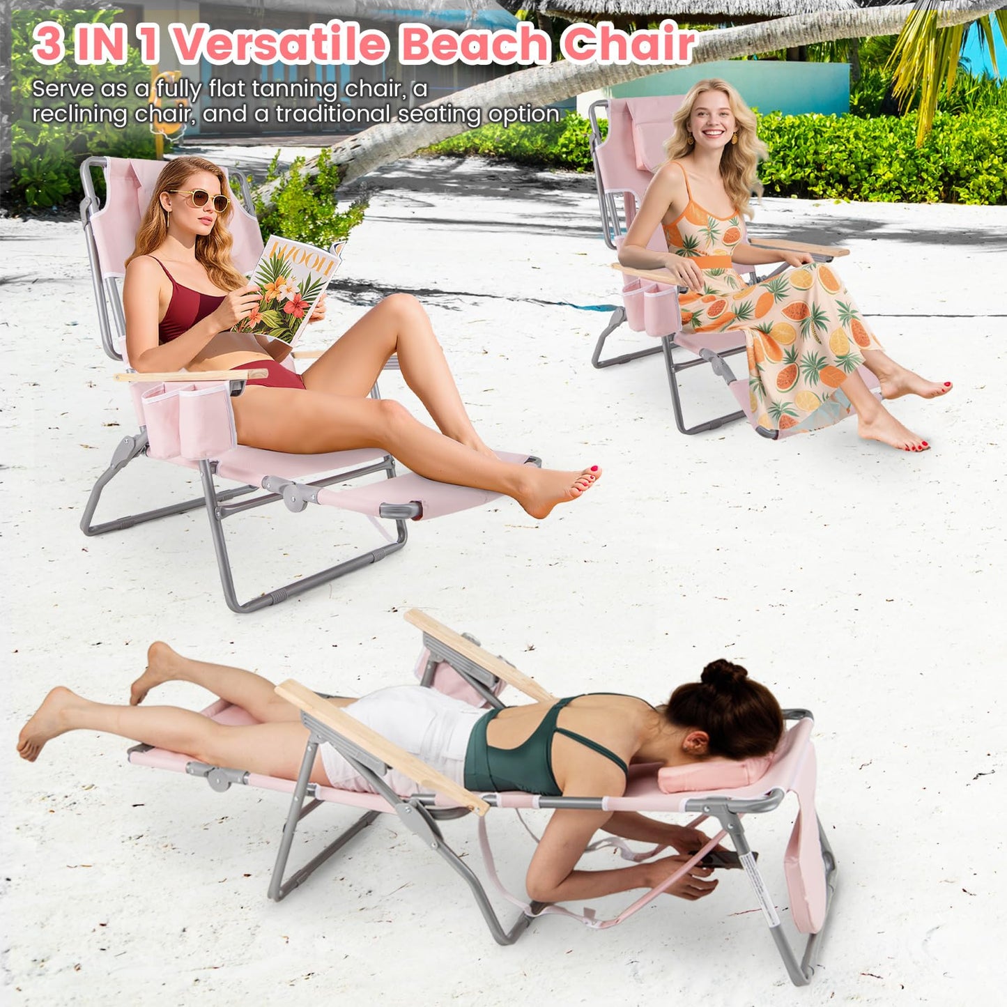 3-IN-1 Foldable Beach Chair Lay-Flat Tanning Chair with Face Hole