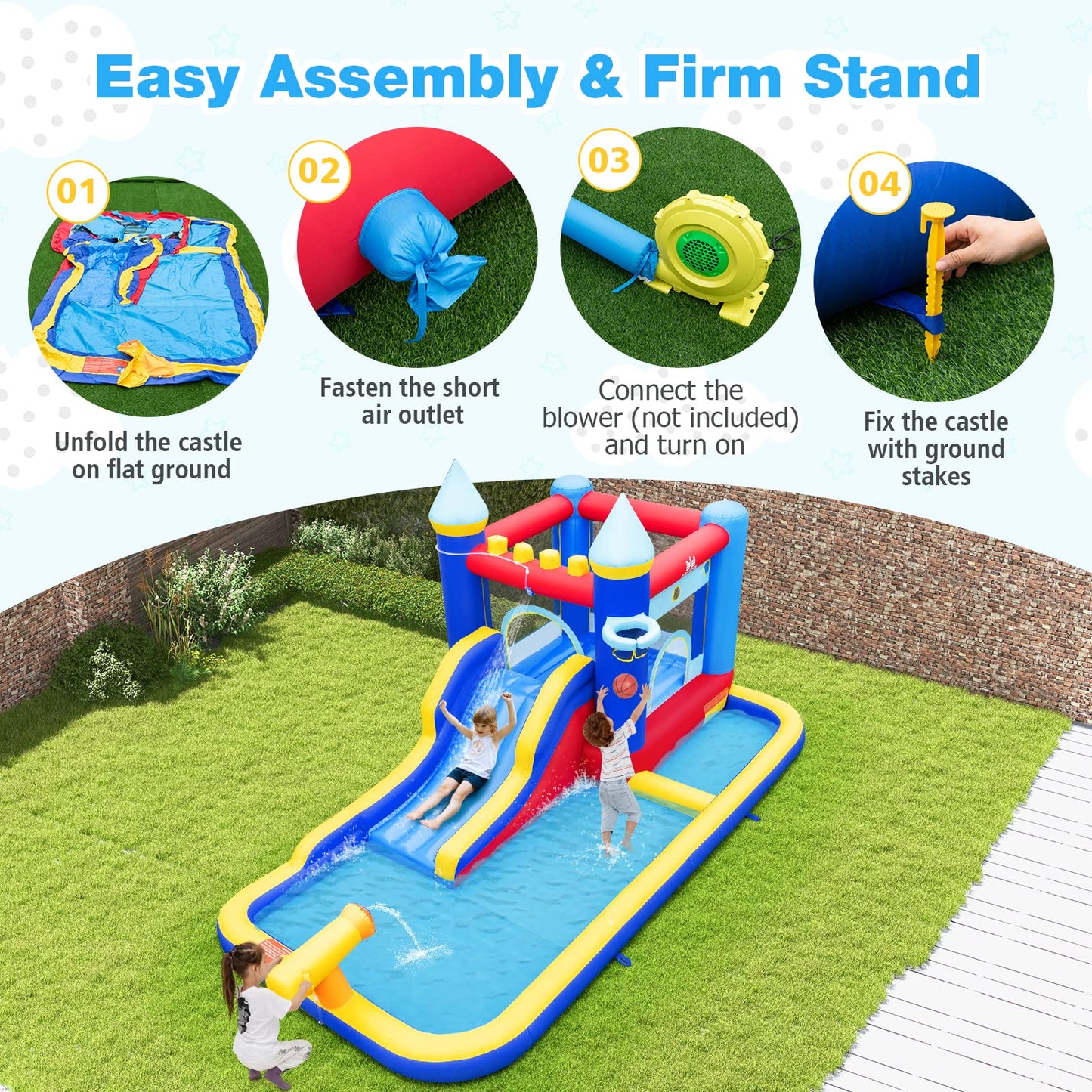 Inflatable Water Park with Basketball Hoop and Splashing Pool