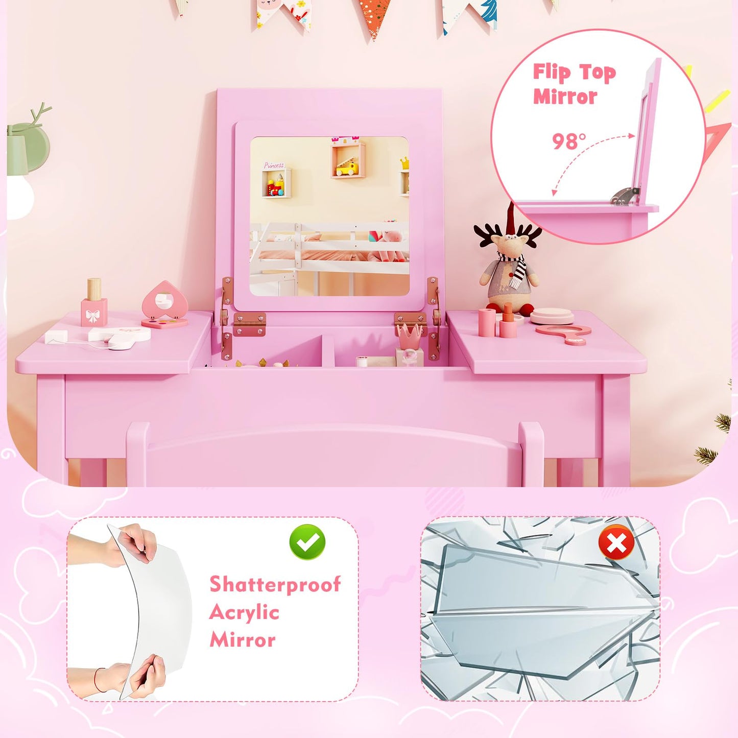 2 in 1 Kids Vanity Table and Chair Set with Flip Top Mirror Hidden Storage