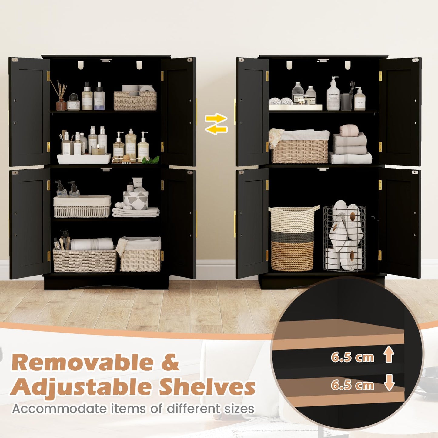 Bathroom Floor Storage Cabinet with 4 Doors and 2 Adjustable Shelves