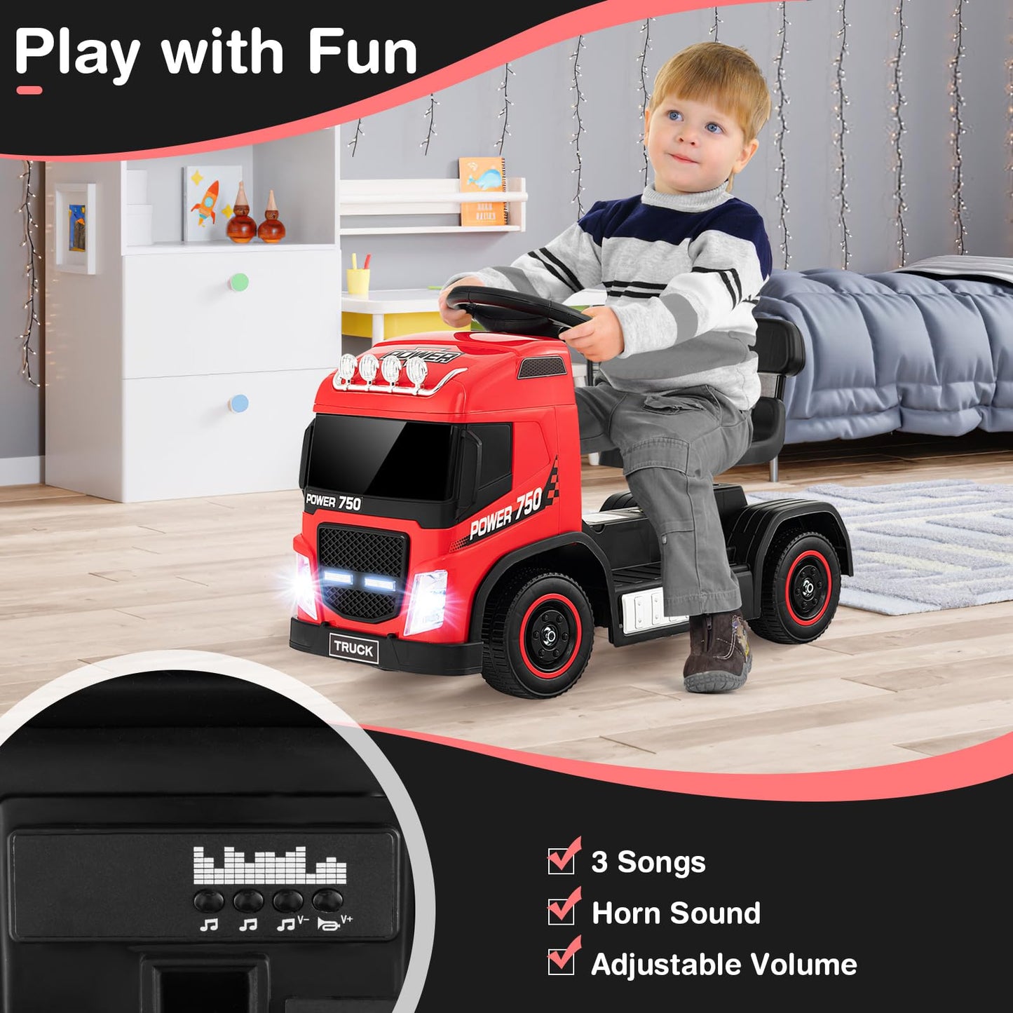 Kids Electric Ride-on Truck with Height Adjustable Seat and LED Lights