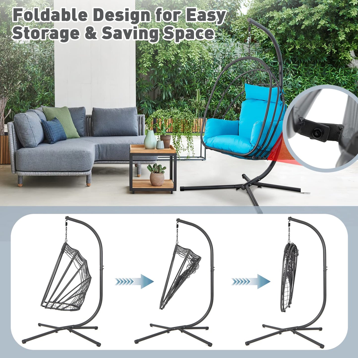 Foldable Rattan Swing Egg Chair with Stand & Soft Cushion