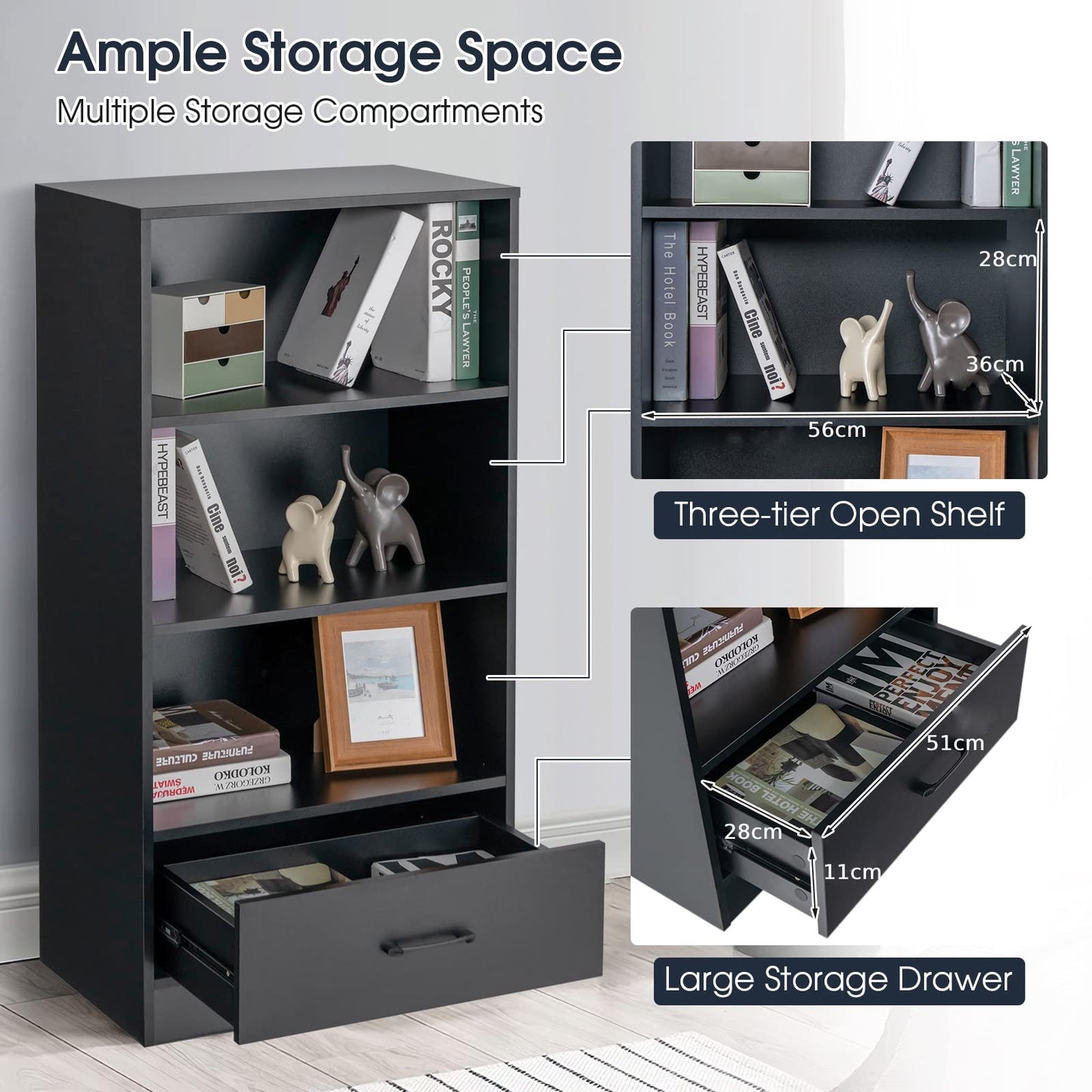 Wooden Storage Bookshelf Cabinet with 3 Tier Open Shelves and Drawer
