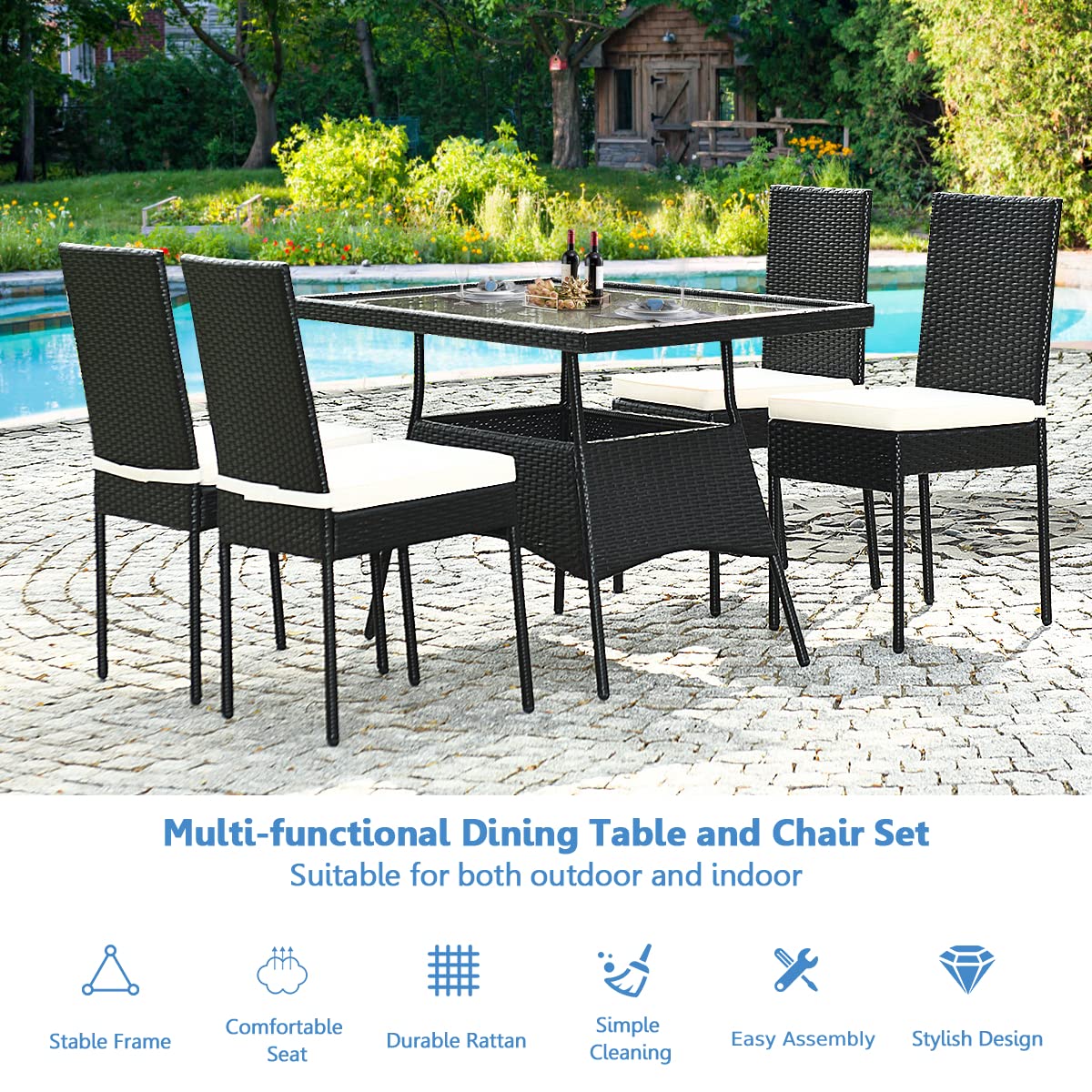 5 pcs Wicker Garden Table and Chairs Set with Tempered Glass Top & Removable Cushions