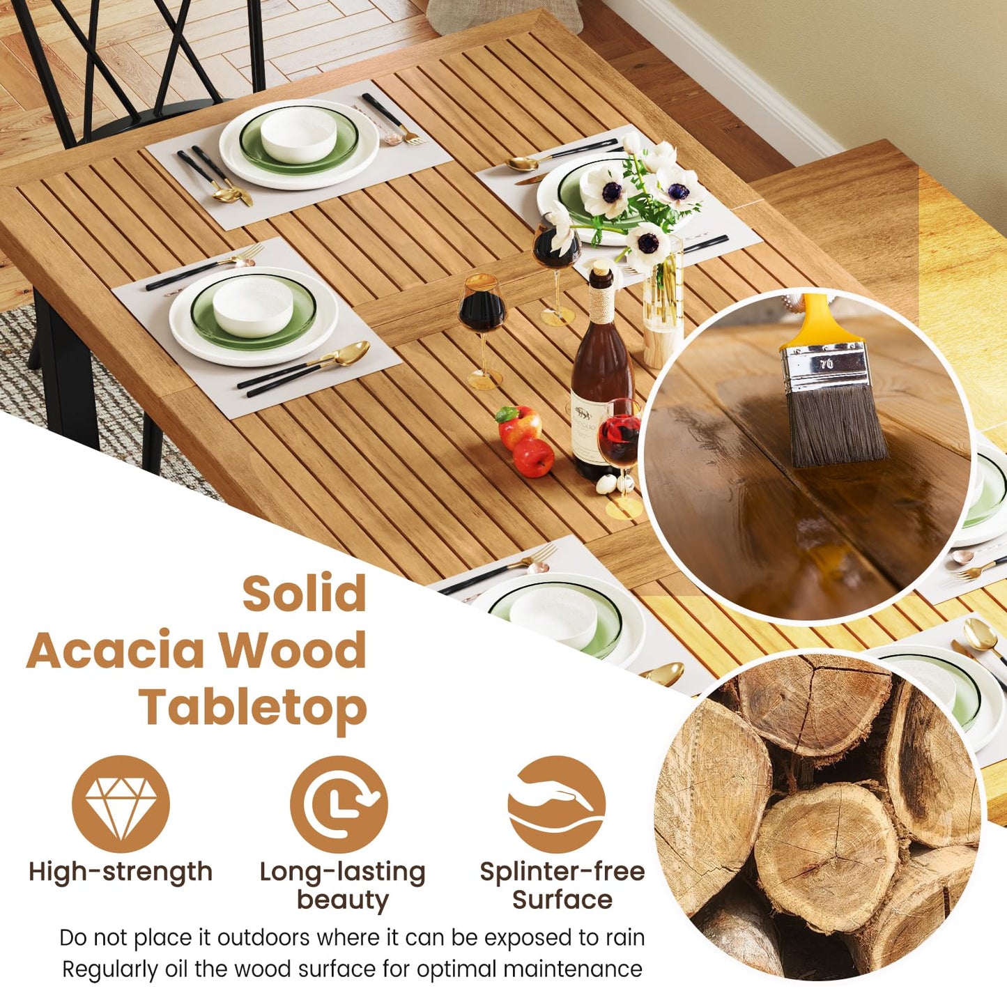200 x 100cm Large Patio Dining Tablewith Acacia Wood Tabletop and Heavy Duty Metal Legs