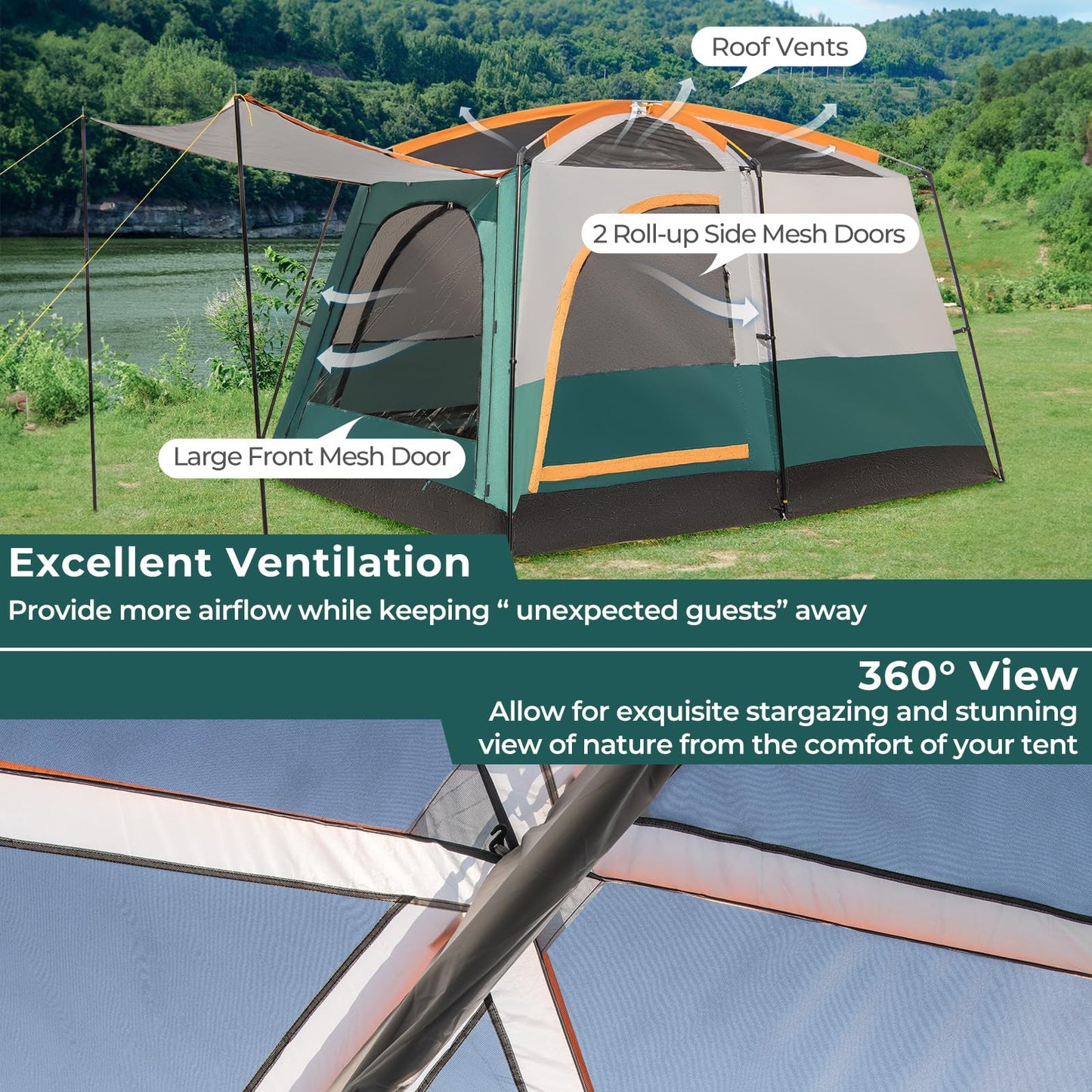 6-Person Camping Tent with 2-Room Divider for Camping Hiking color