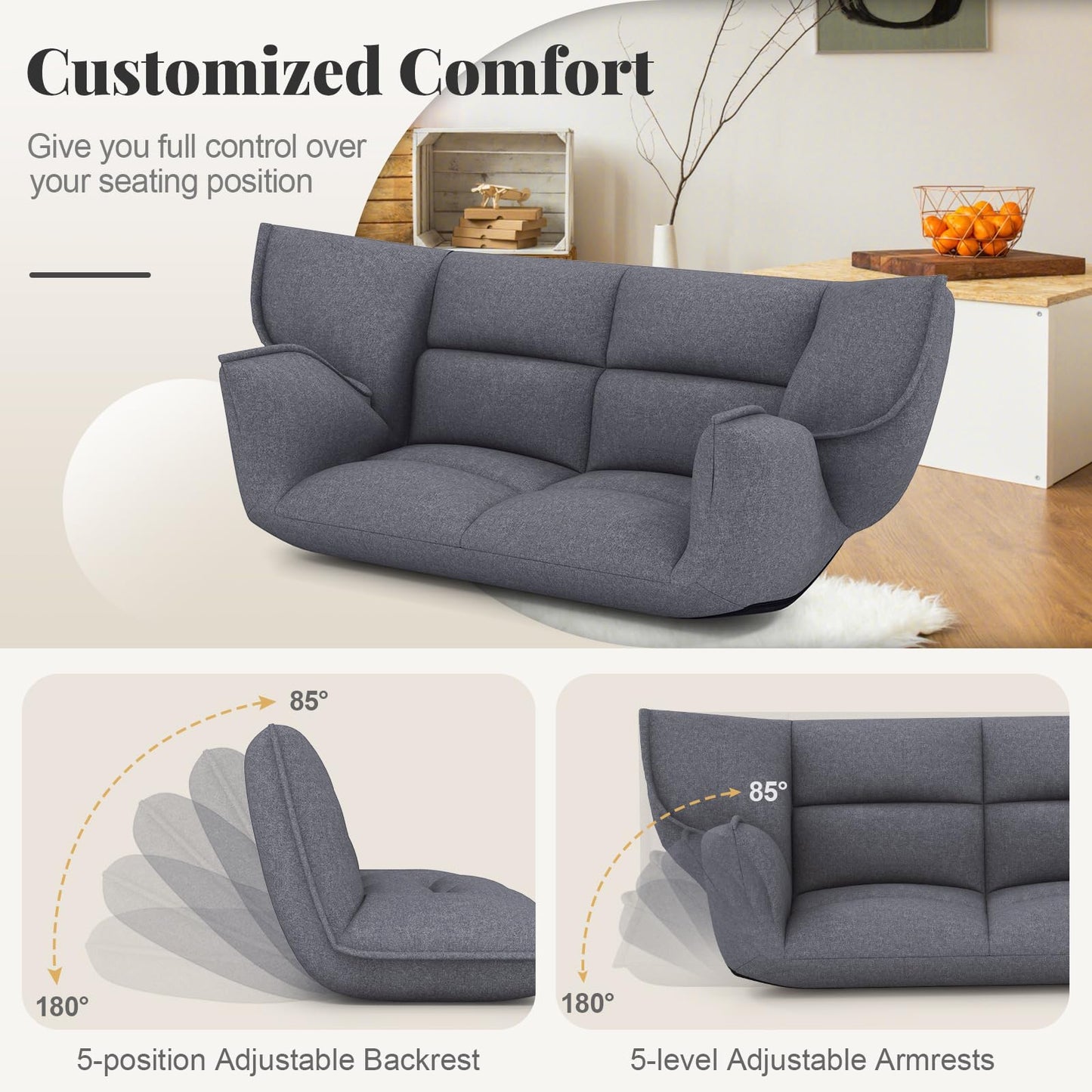 Floor Sofa Chair with 5-Postion Adjustable Backrest and Armrests