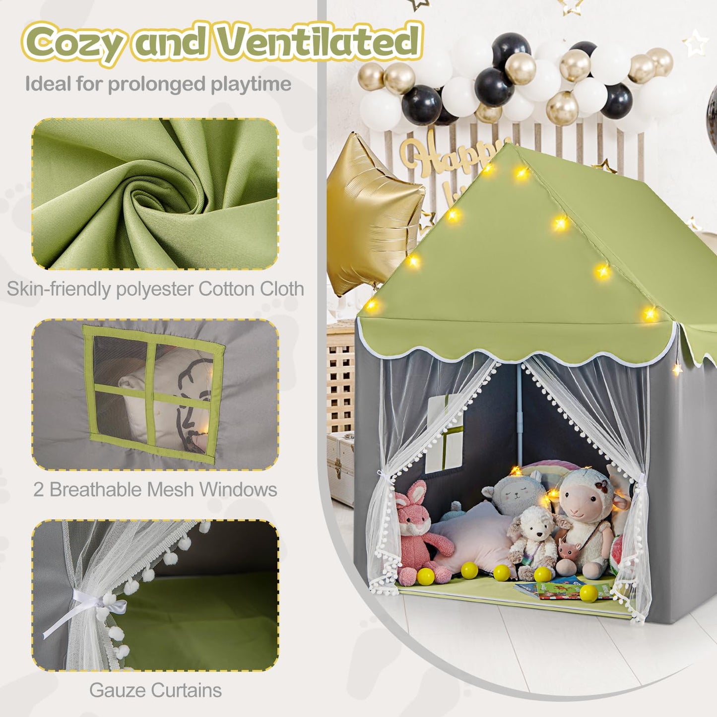 Large Kids Play House with Washable Mat and Star Lights