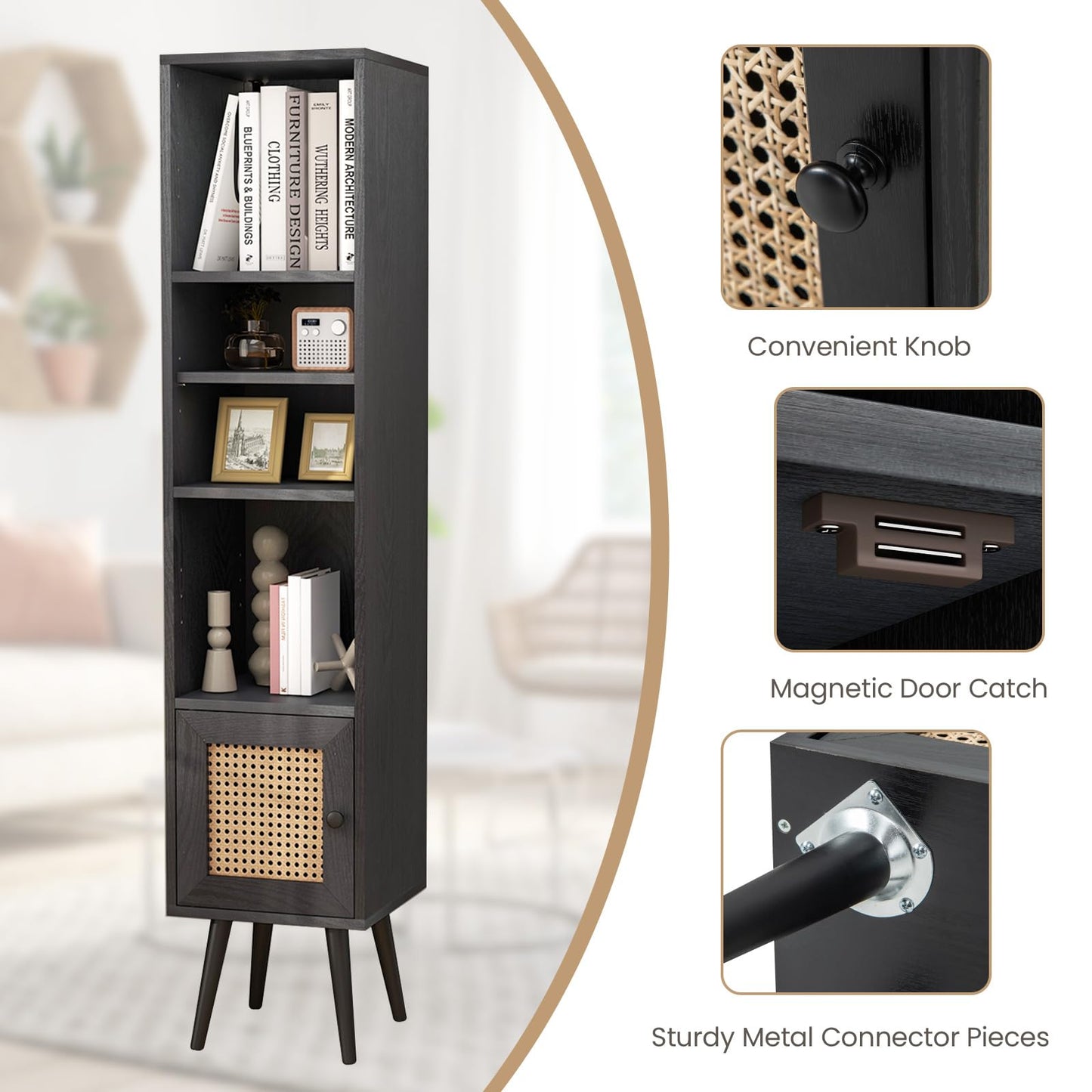 Freestanding Slim Cabinet with Rattan Door and Solid Wood Legs