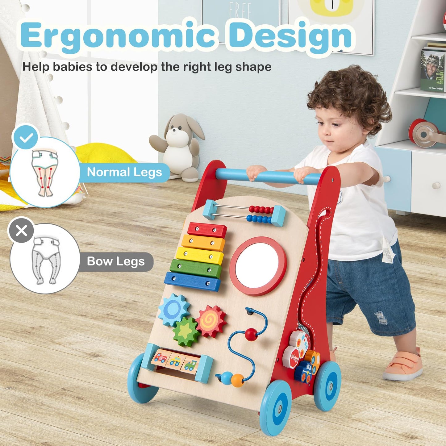Wooden Baby Walker Learning Activity Walker with Mirror and Wheels