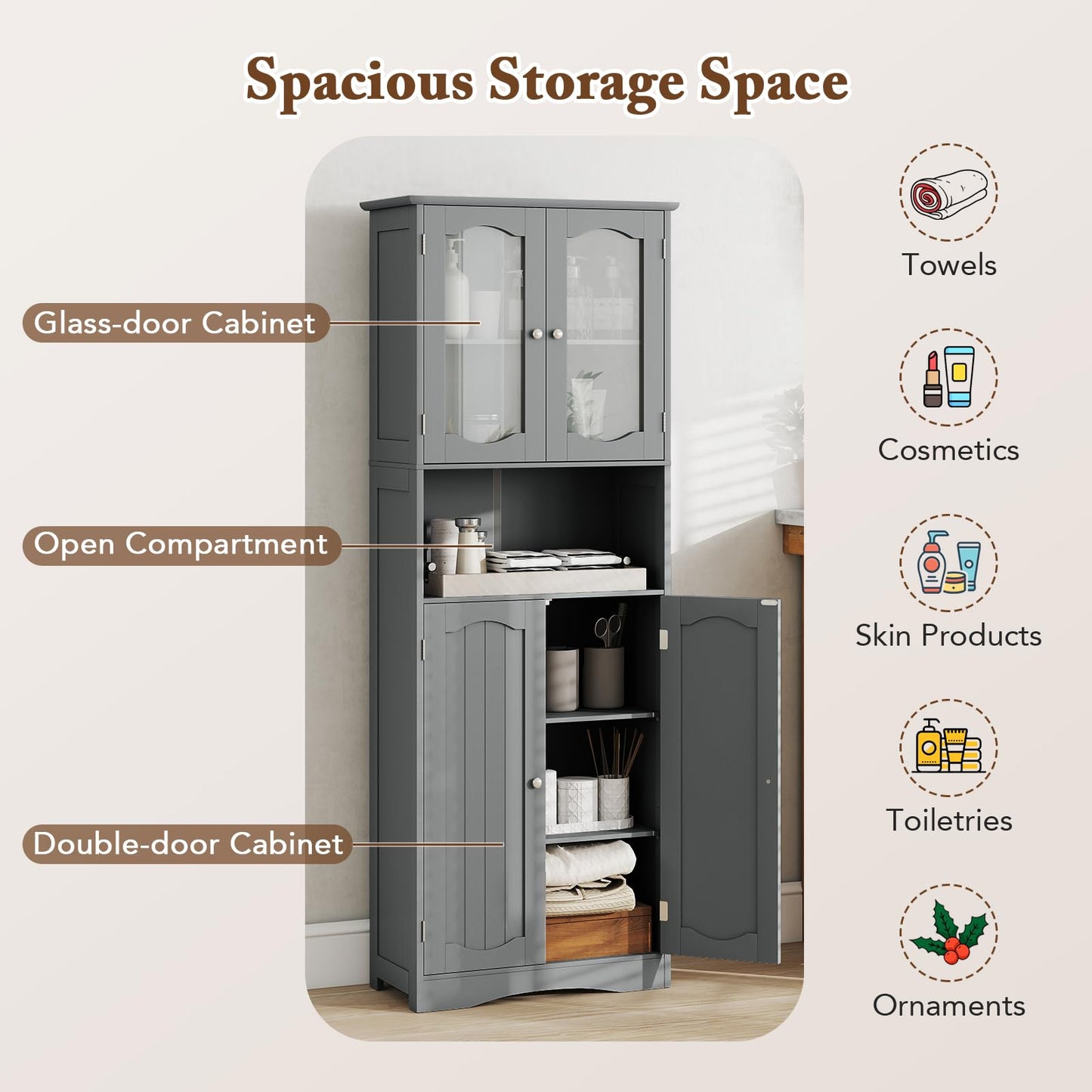 Tempered Glass Door Pantry Cabinet with 3-Position Adjustable Shelves