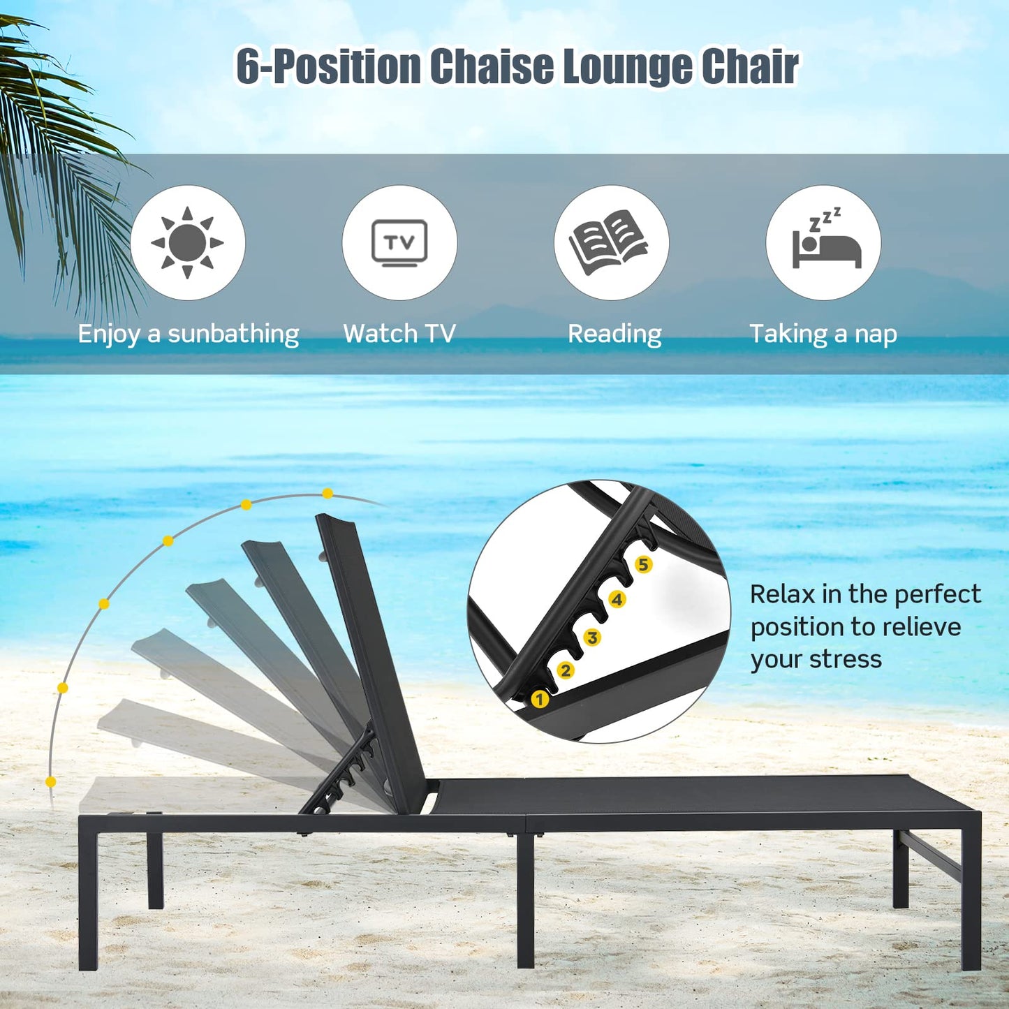 6 Positions Adjustable Garden Chaise Lounge Reclining Deck Sunbed