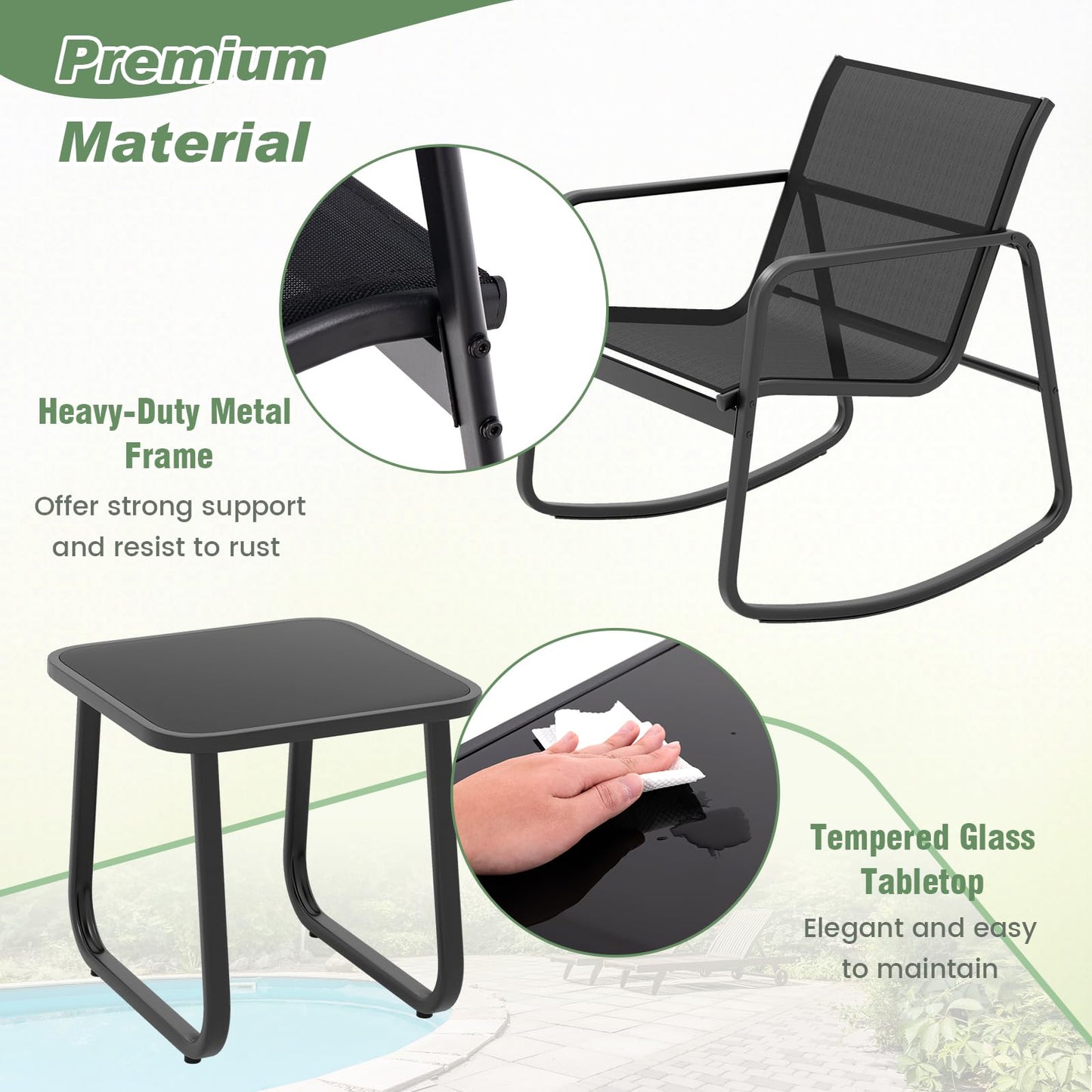 3-Piece Garden Furniture Set with Tempered Glass Table and Chairs