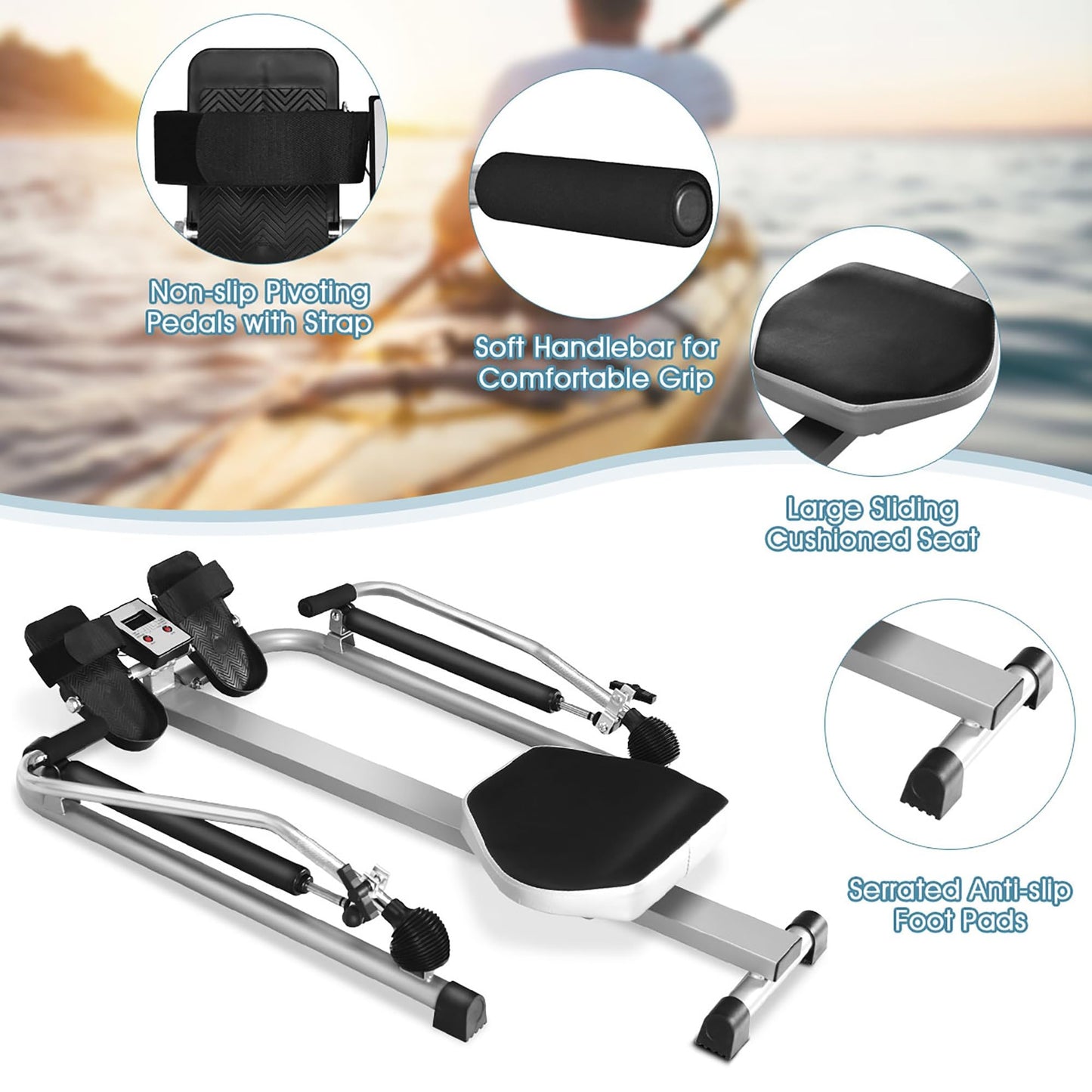 Hydraulic Rowing Machine with LCD Monitor for Home Gym