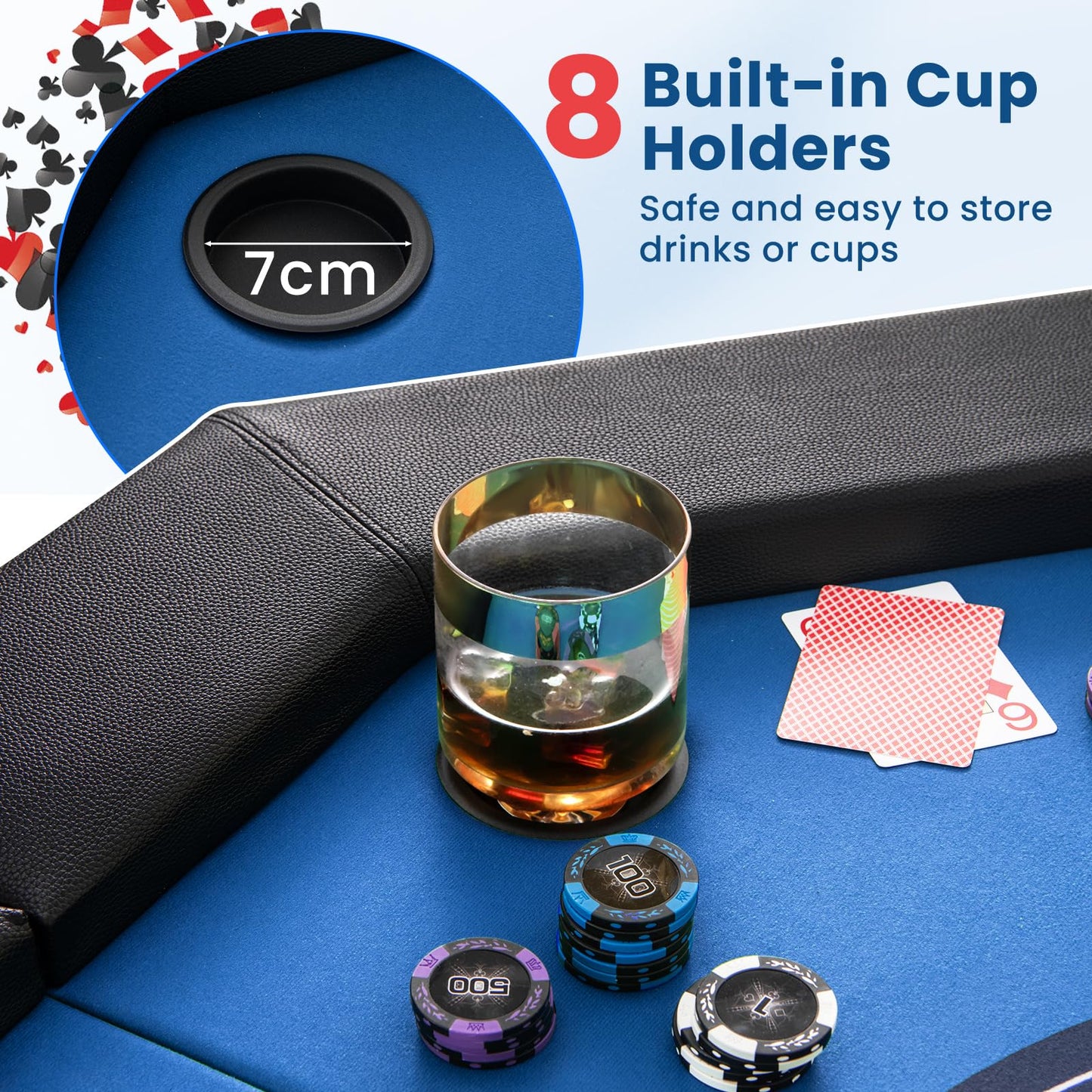 8 Player Foldable Poker Table with 8 Cup Holders