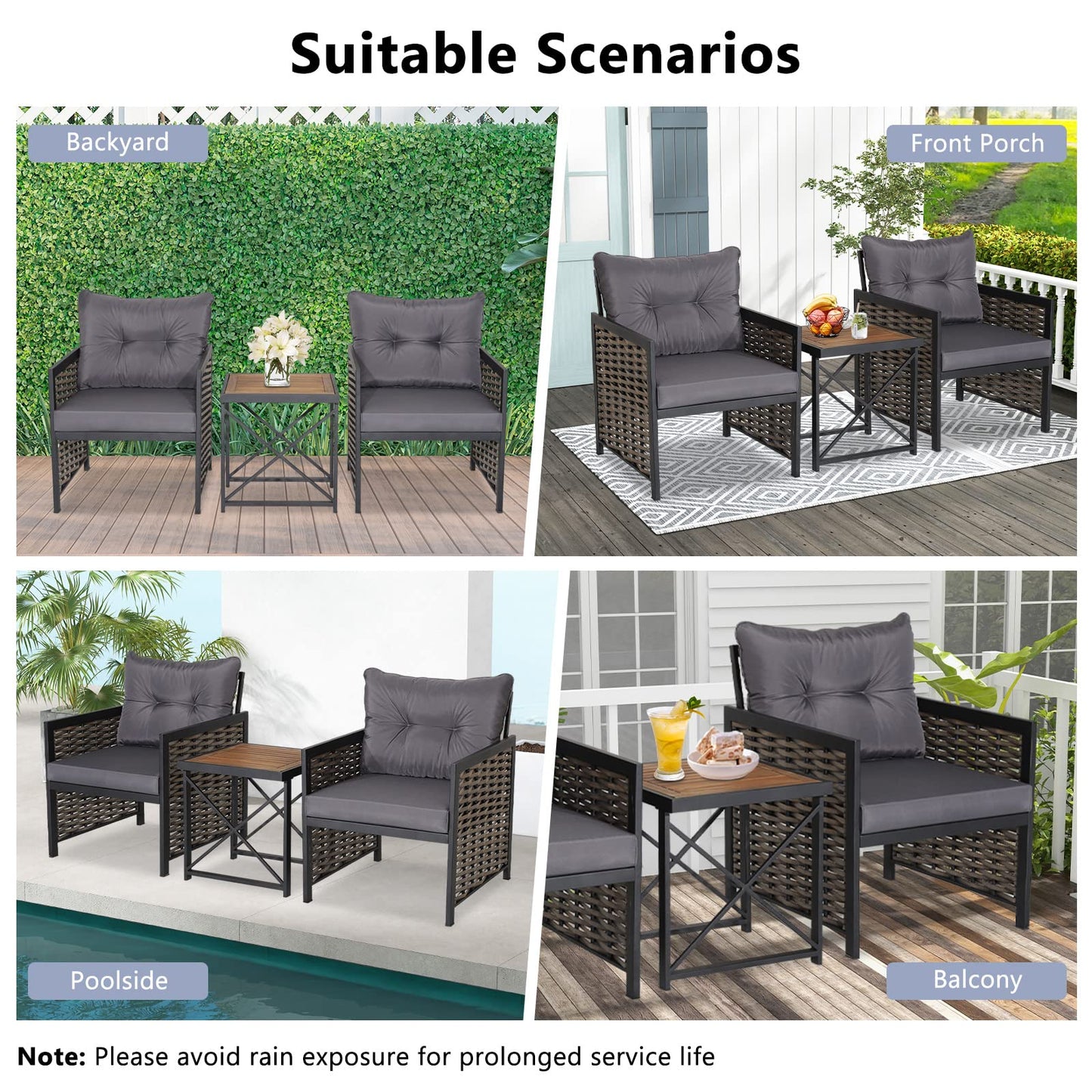 3-Piece Outdoor Coffee Table and Sofas with Acacia Wood Tabletop