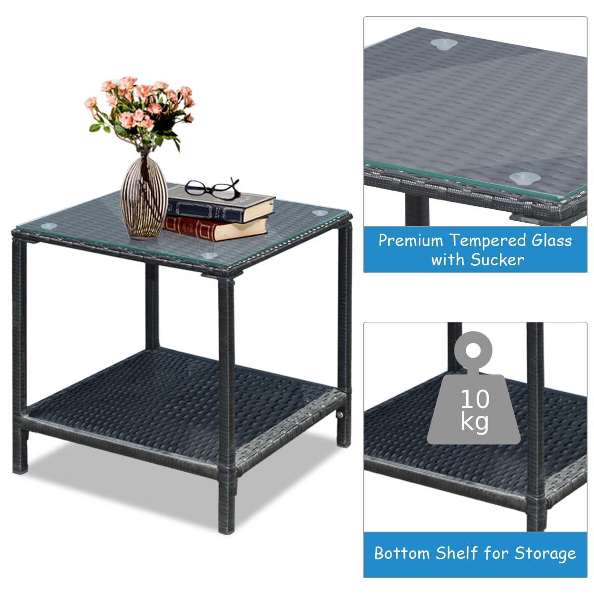 Giantex 3 PCS Garden Rocking Bistro Set PE Rattan Furniture Set with 2-tier Glass Table
