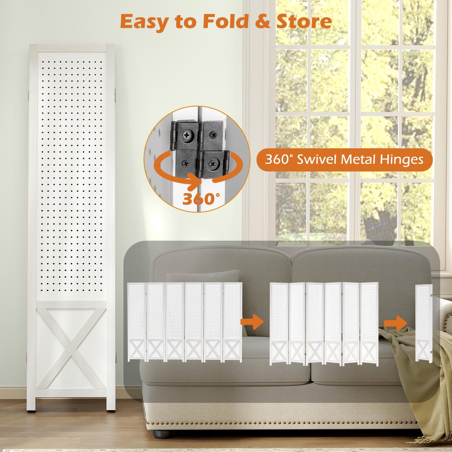 4/6 Panel Folding Room Divider with Pegboard Display