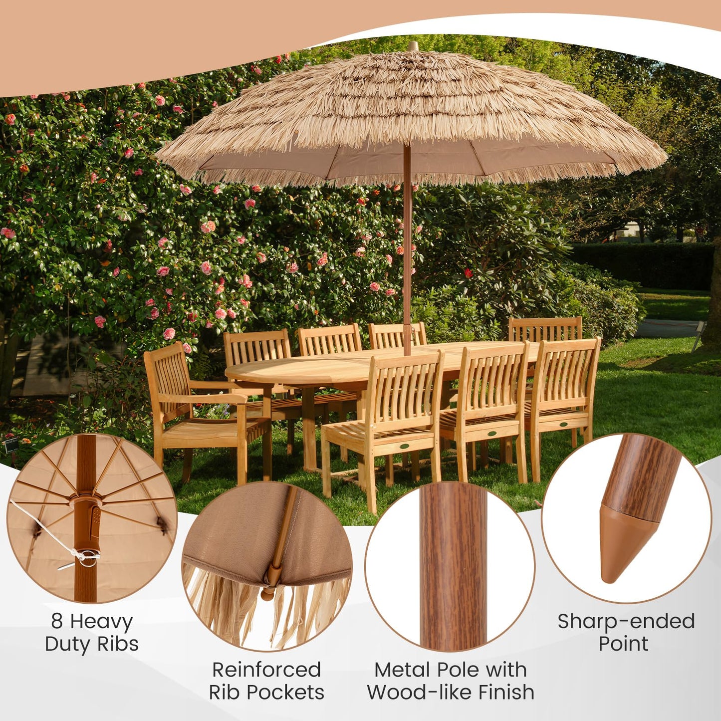 Folding Tilting Thatch Tiki Sun Umbrella with 8 Ribs
