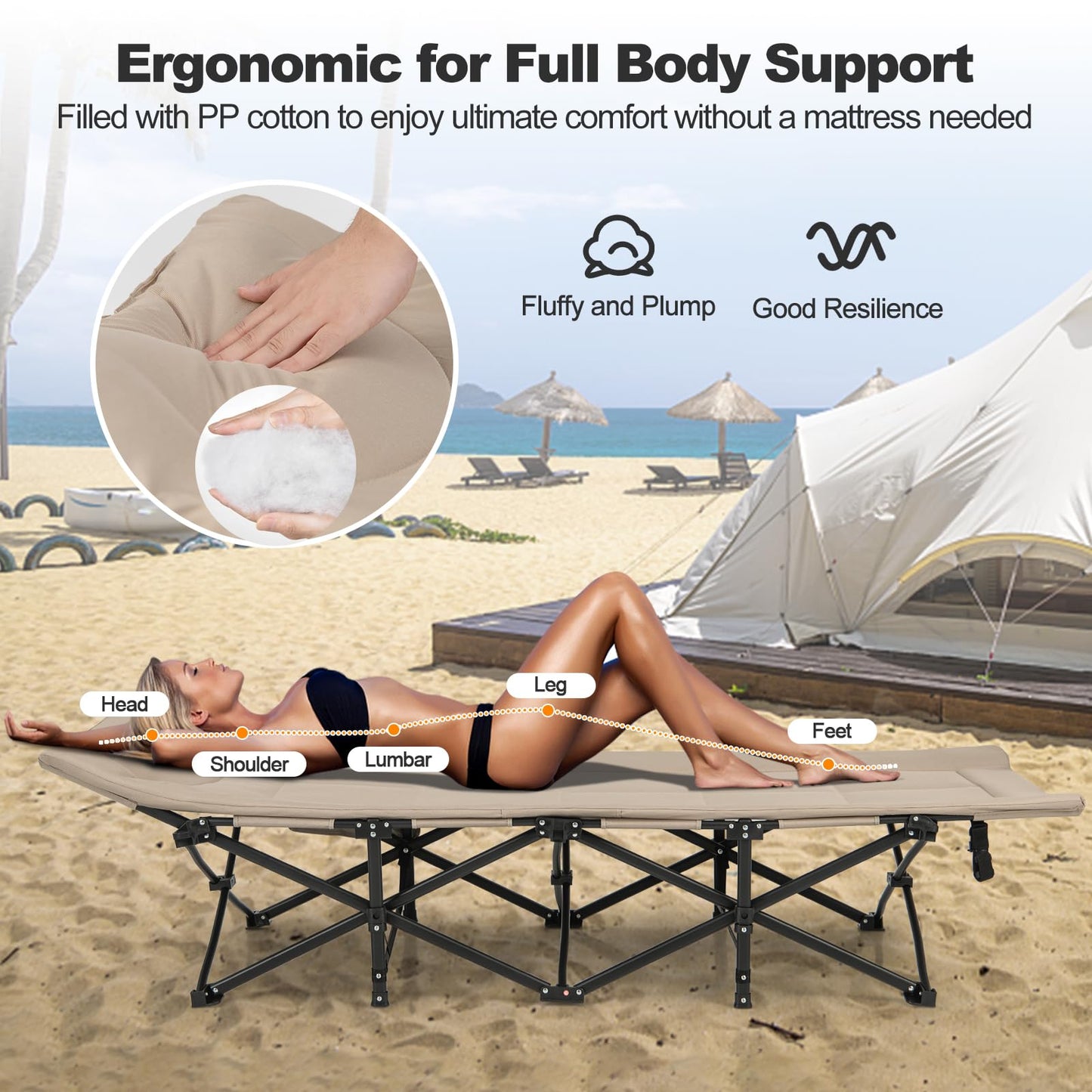 Extra Wide Portable Sleeping Cot with Headrest & Carry Bag