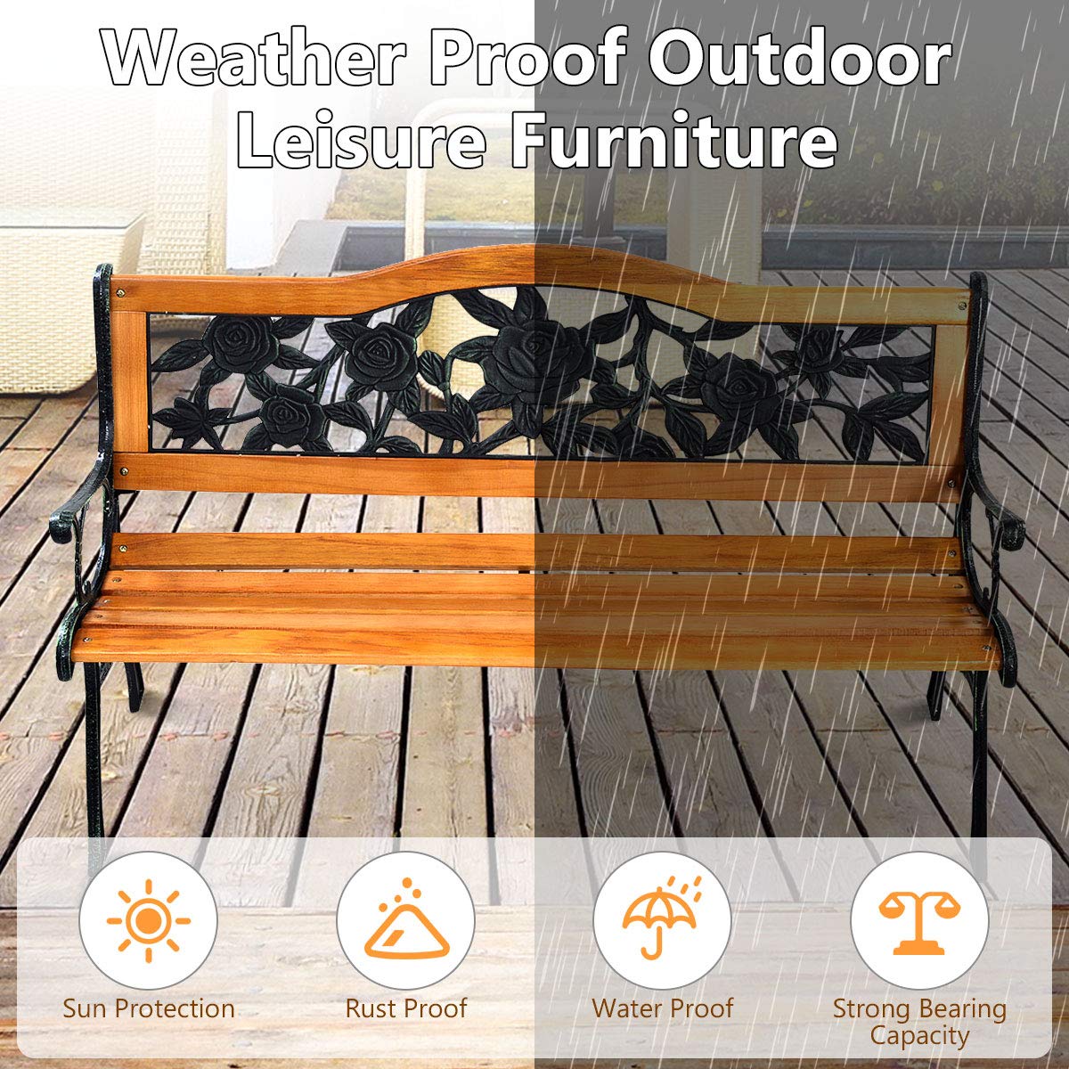 Solid Wood Slatted Seat Loveseat Park Bench Arched Back with Rose Pattern