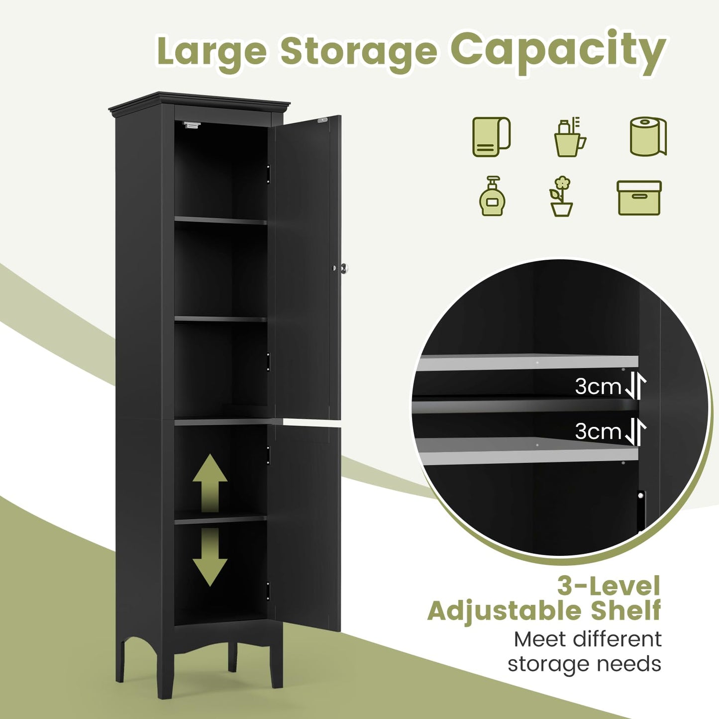 Freestanding Tall Bathroom Floor Cabinet with Adjustable Shelf and 2 Doors
