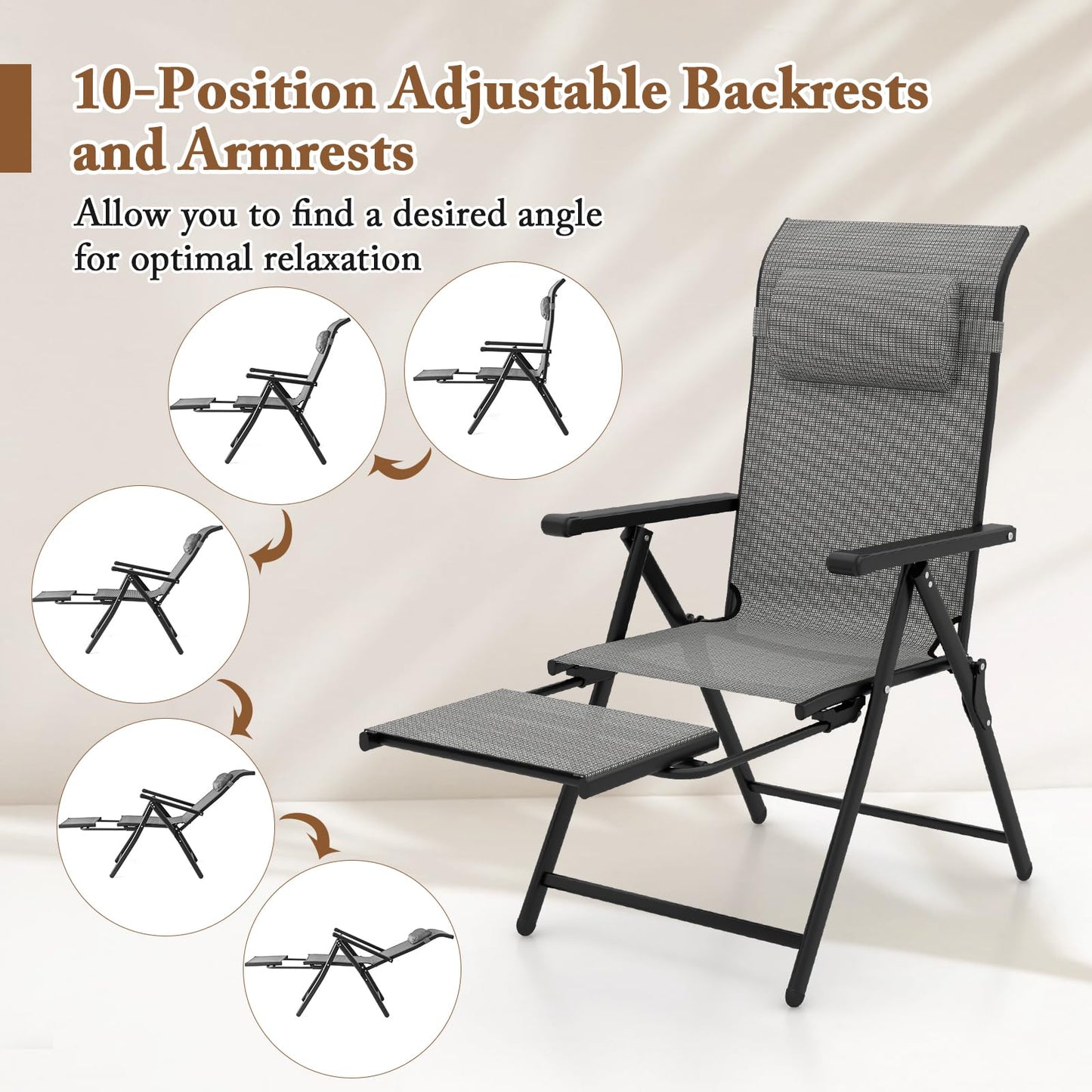 10-Position Adjustable Patio Chaise Lounge Chair Deck Sunbed with Armrests