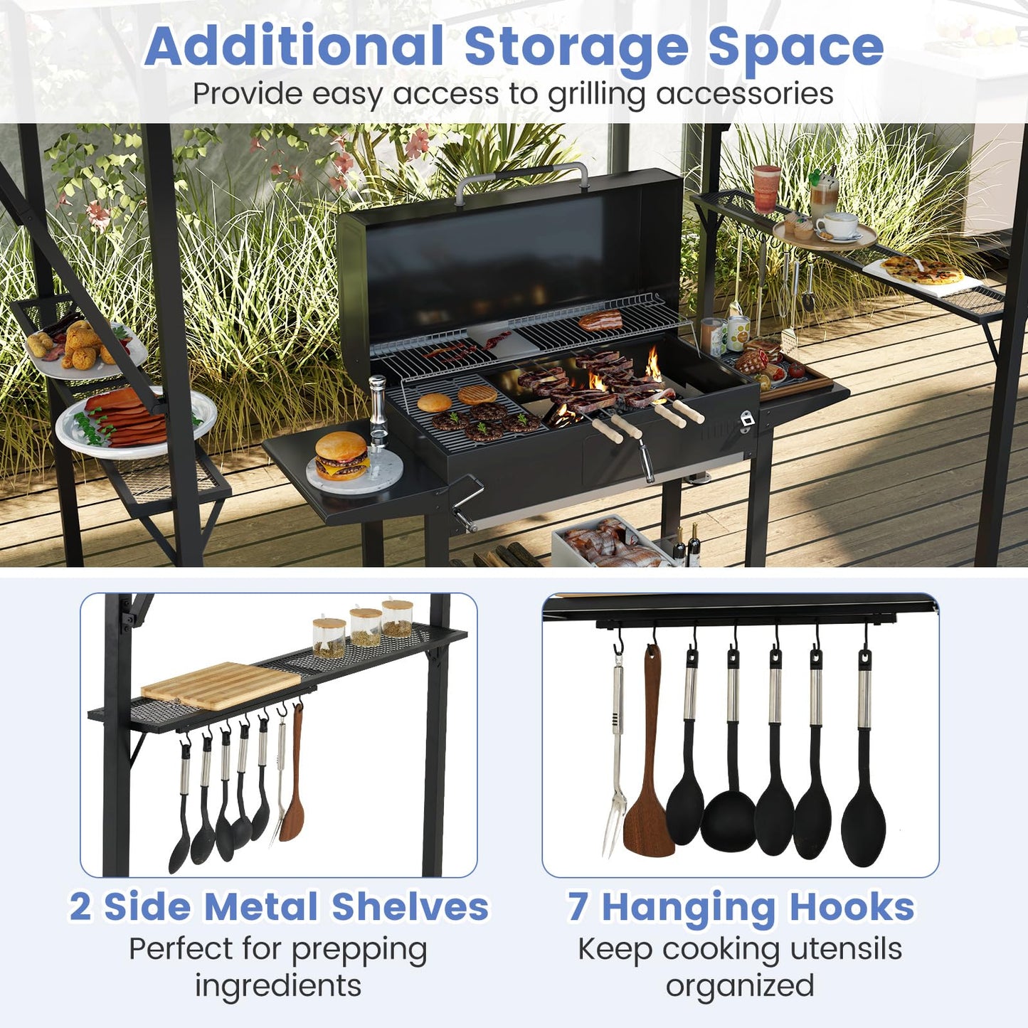 398 x 153 cm Grill Gazebo with Dual Side Awnings and Adjustable Shadow