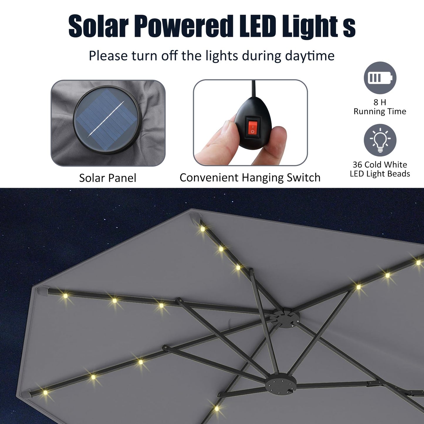 4M Double-Sided Parasol with Base with 36 Solar LED Lights