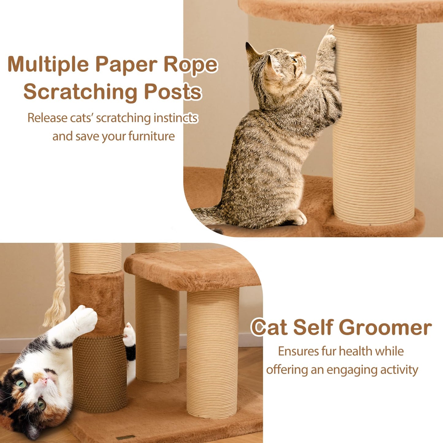 166 cm Tall Cat Tree with Self-groomer and Removable Cat Bed