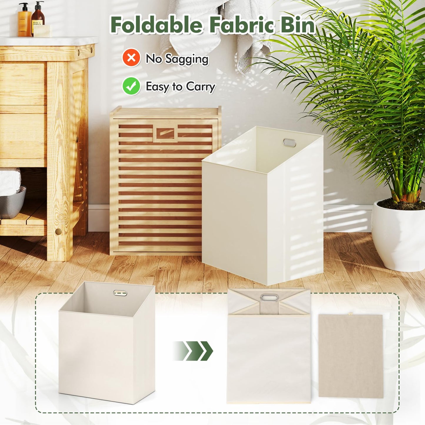 68 L Bamboo Tilt out Bathroom Laundry Hamper with Foldable Bin