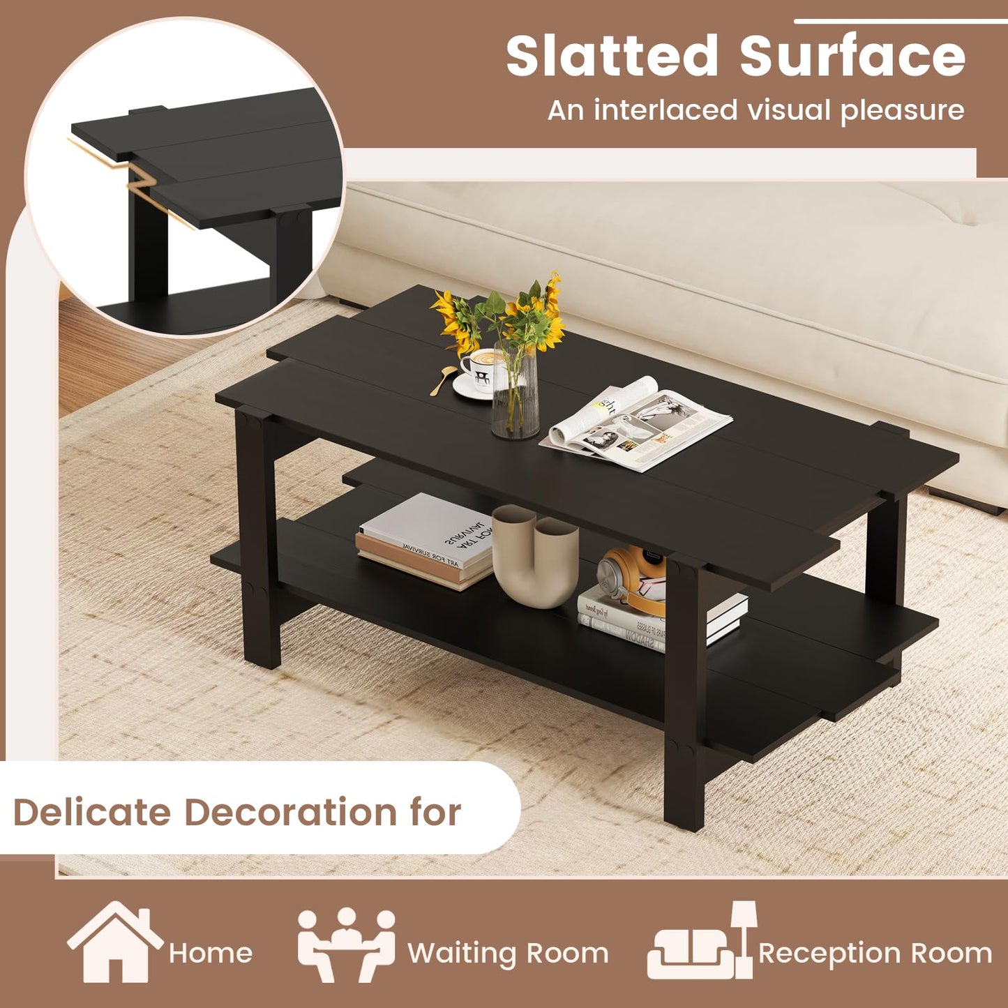 2 Tier Coffee Table with Storage Shelf for Living Room