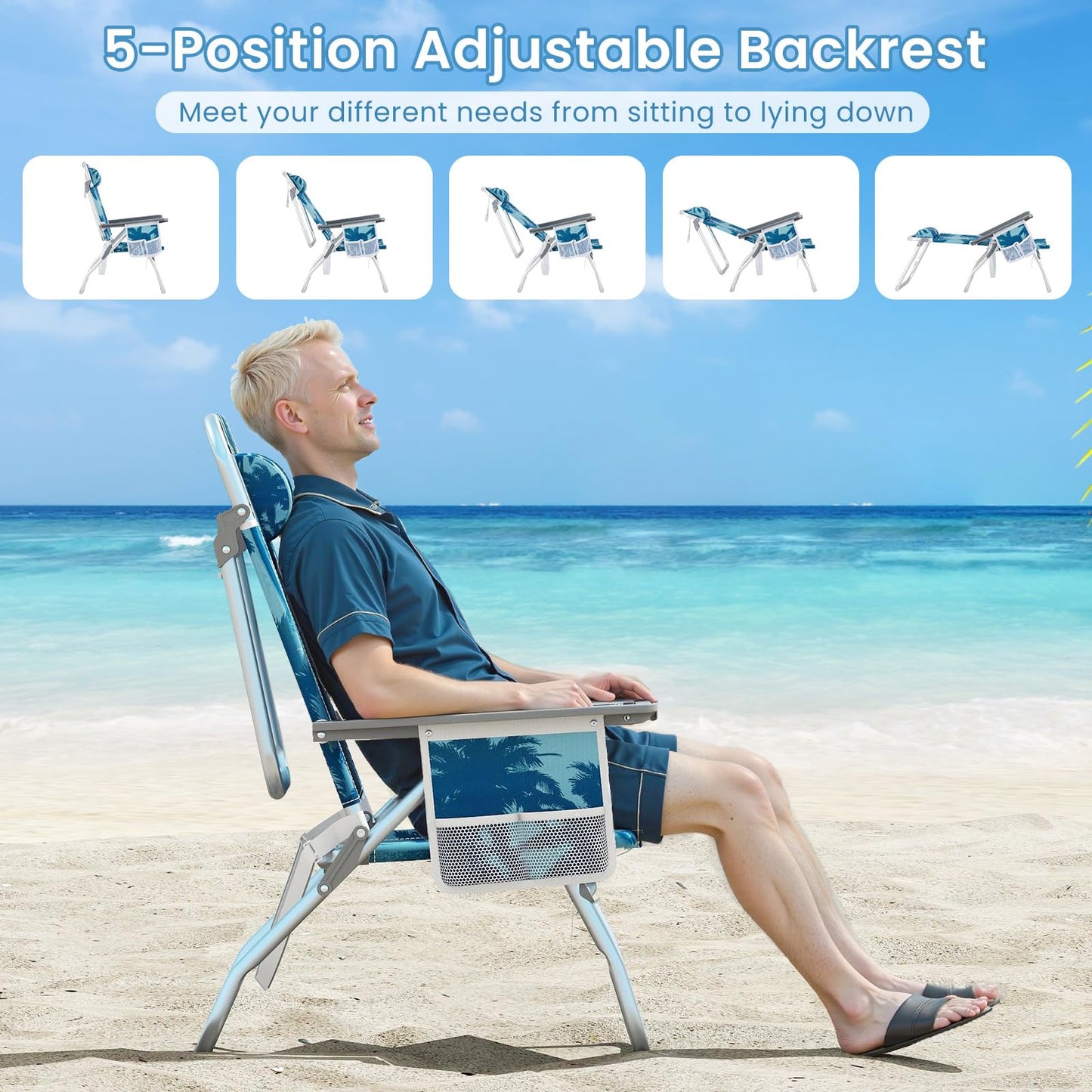 2-Pack Beach Chairs 5-Position Adjustable Folding Chair with Towel Bar