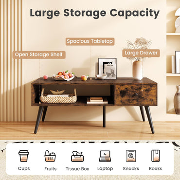 109cm Rectangular Wooden Coffee Table with Drawer and Storage Shelf